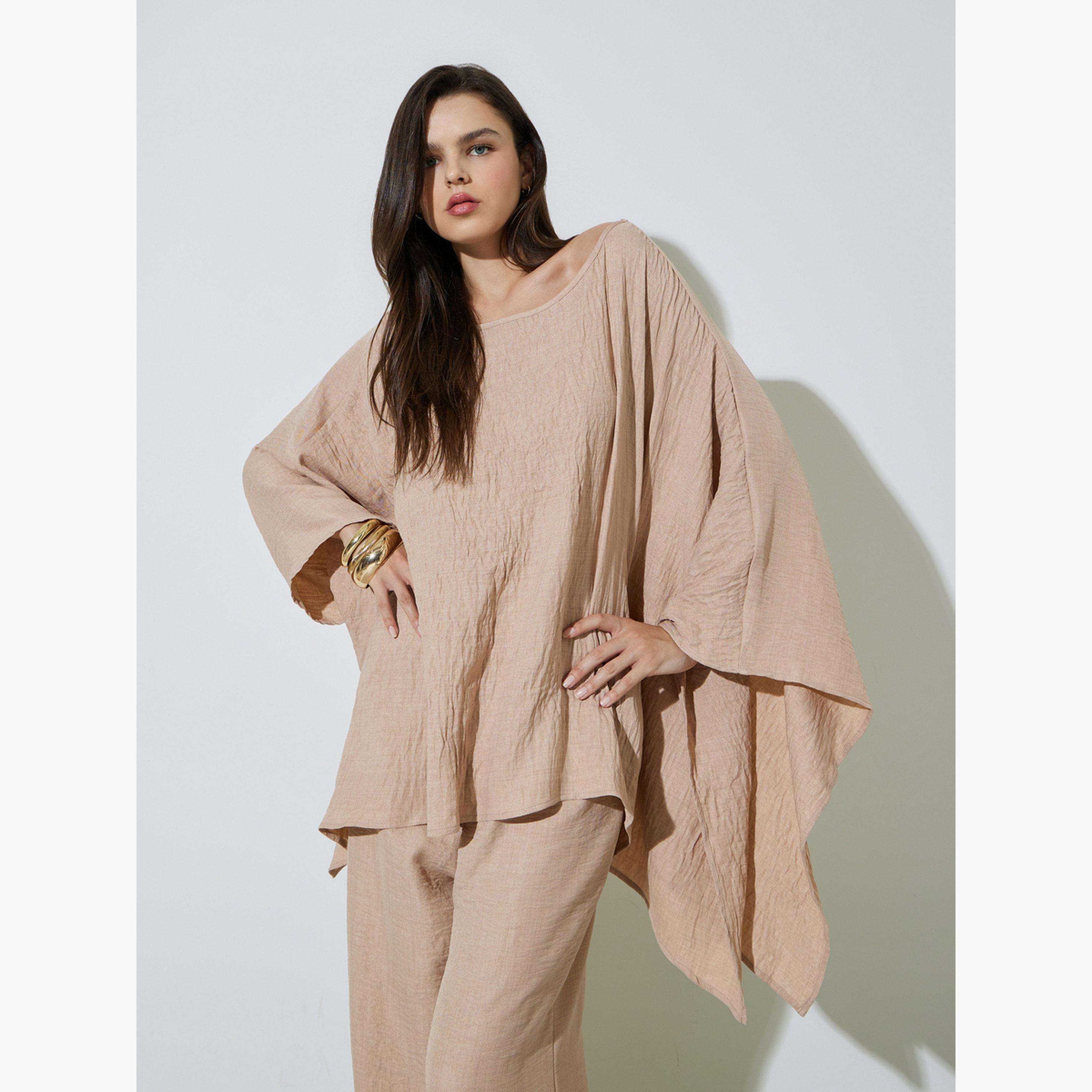 Take Two Beige Crinkled Long Top and Pants Co-ord Set-women-clothing-coordsets-image-2