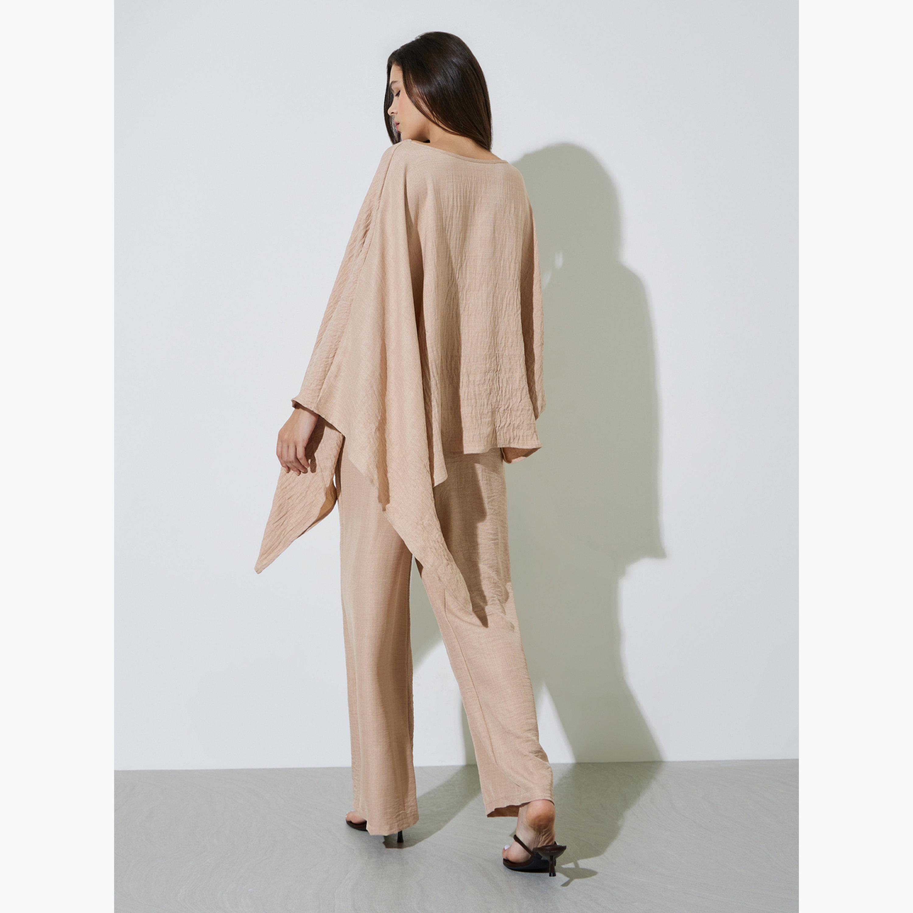 Take Two Beige Crinkled Long Top and Pants Co-ord Set-women-clothing-coordsets-image-3