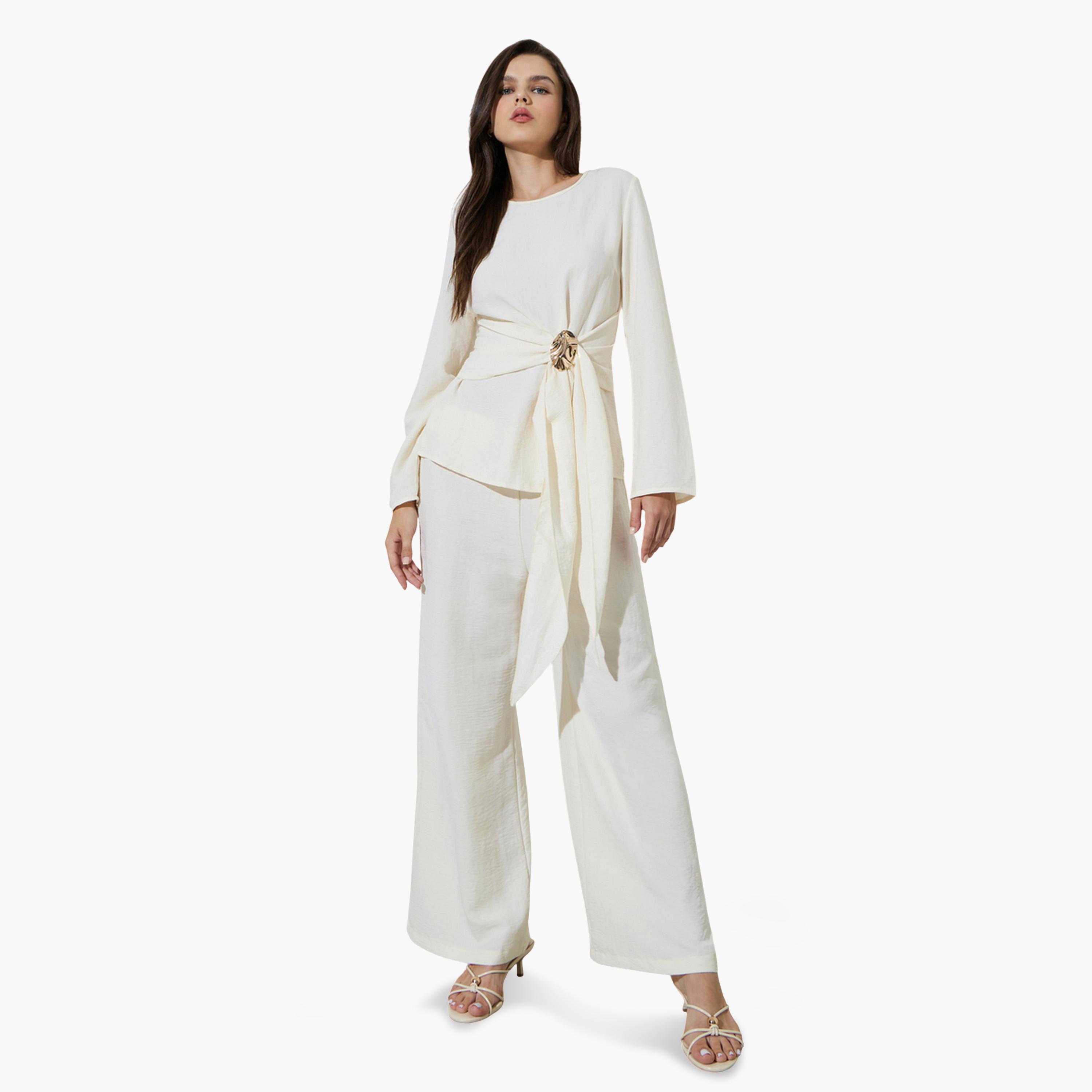 Take Two Off White Wrap Front Blouse and Pants Co-ord Set-women-clothing-coordsets-image-1