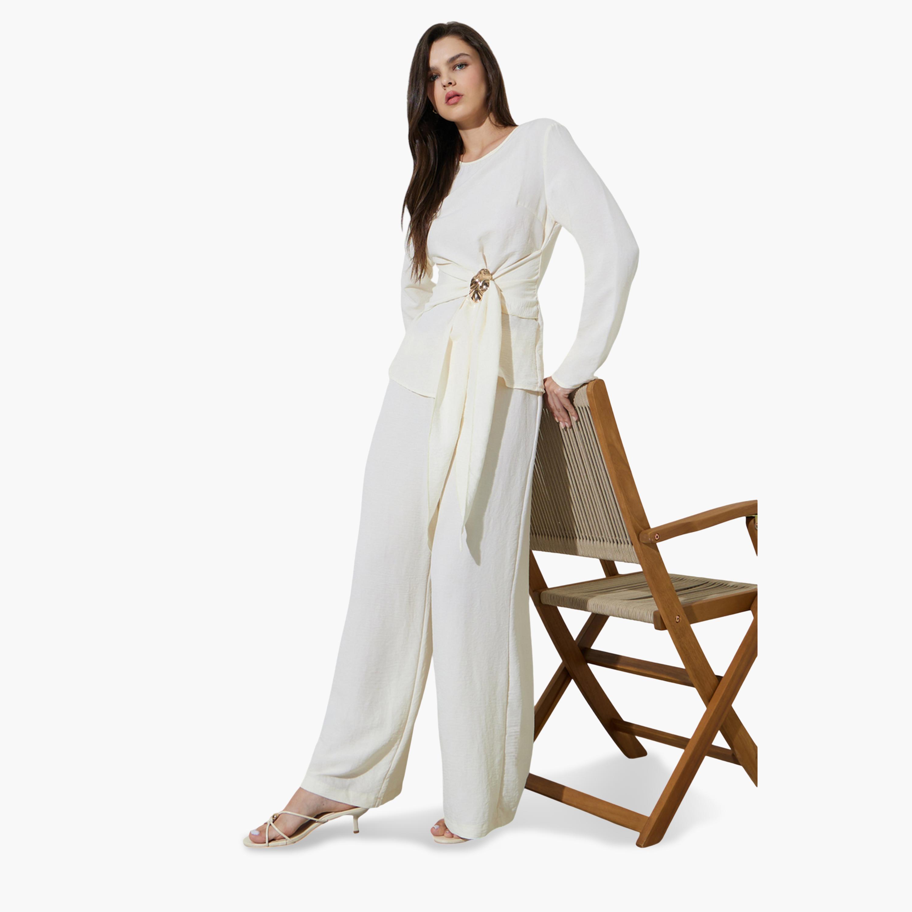 Take Two Off White Wrap Front Blouse and Pants Co-ord Set-women-clothing-coordsets-image-2