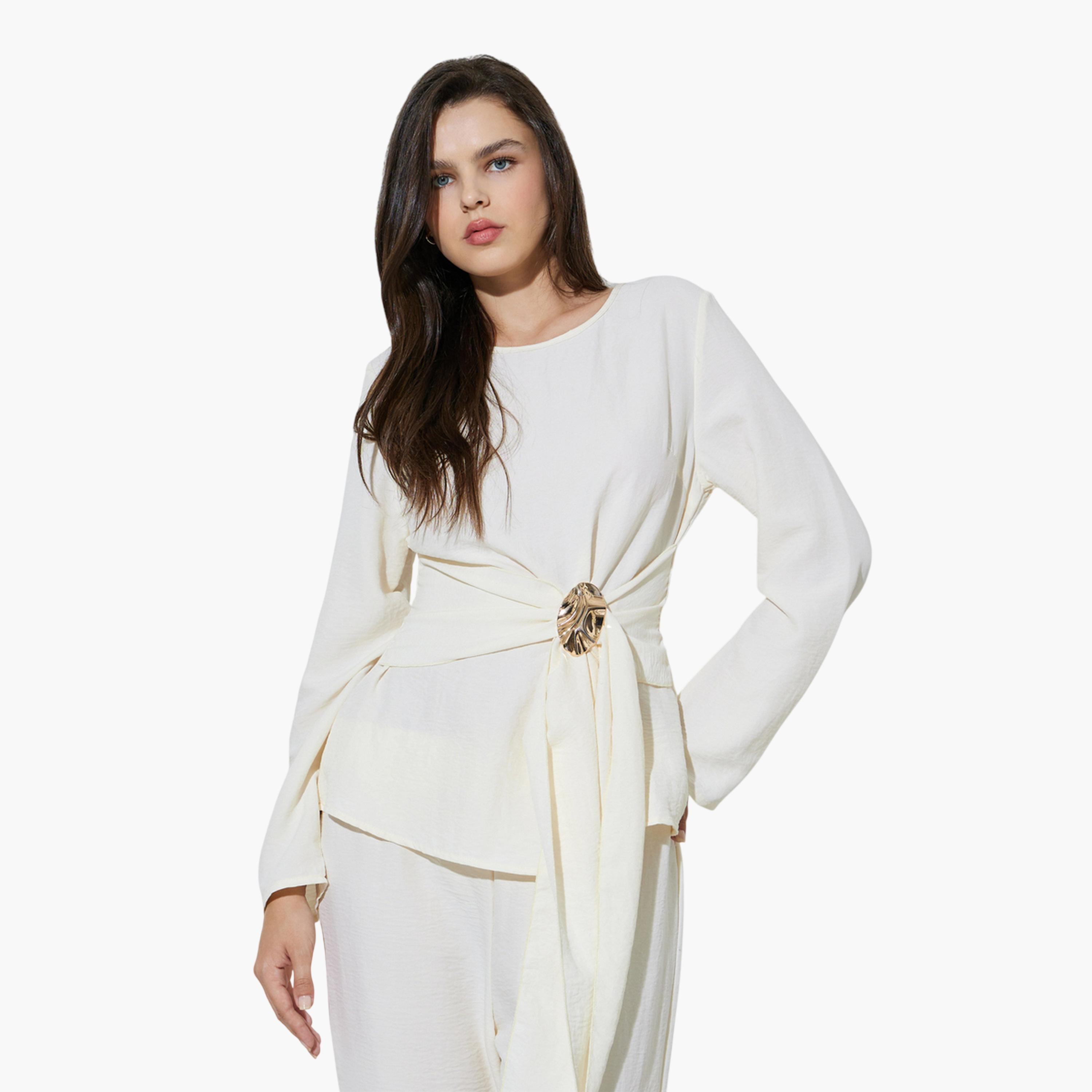 Take Two Off White Wrap Front Blouse and Pants Co-ord Set-women-clothing-coordsets-image-3