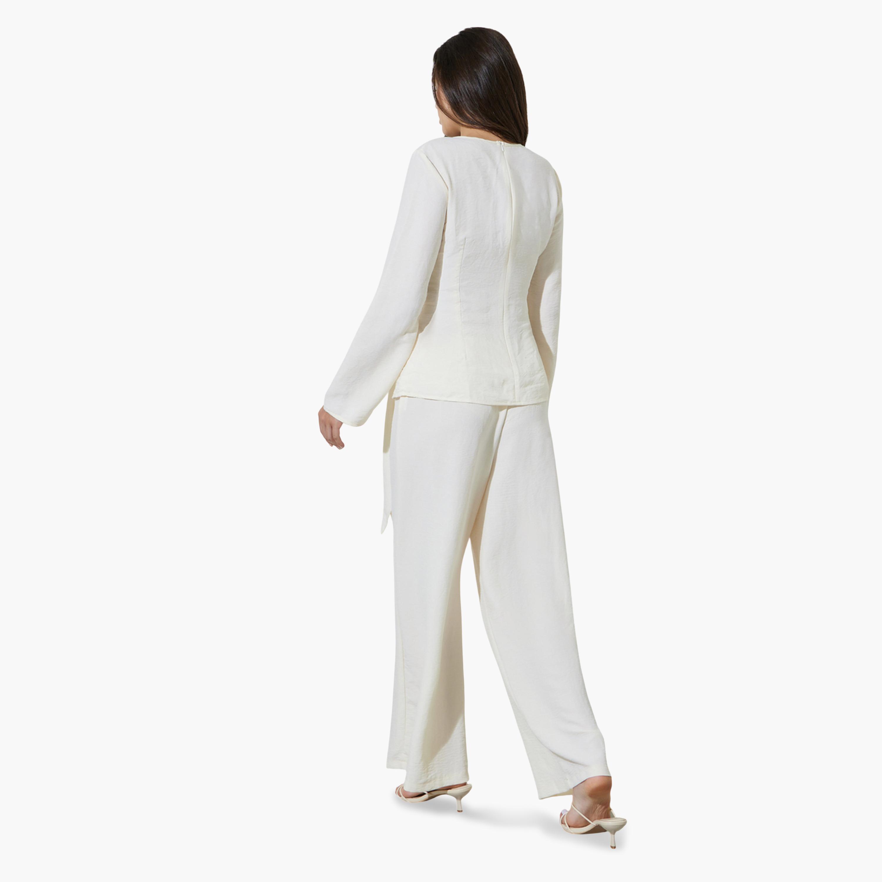 Take Two Off White Wrap Front Blouse and Pants Co-ord Set-women-clothing-coordsets-image-4