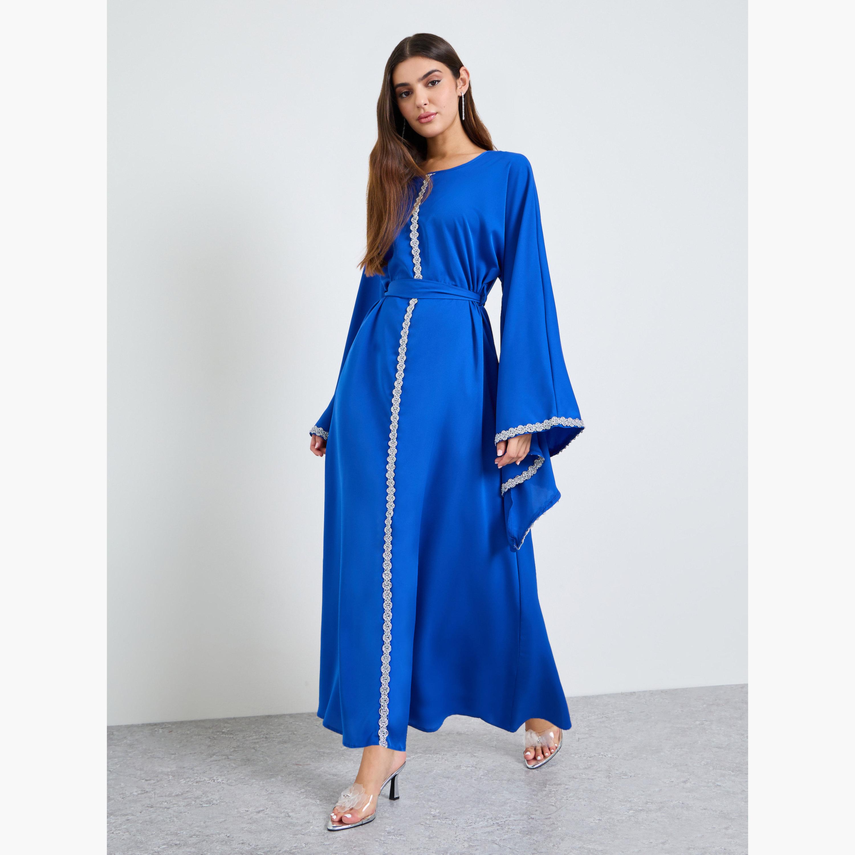 Take Two Blue Embroidered Long Sleeves Kaftan-women-arabicclothing-kaftan-image-2