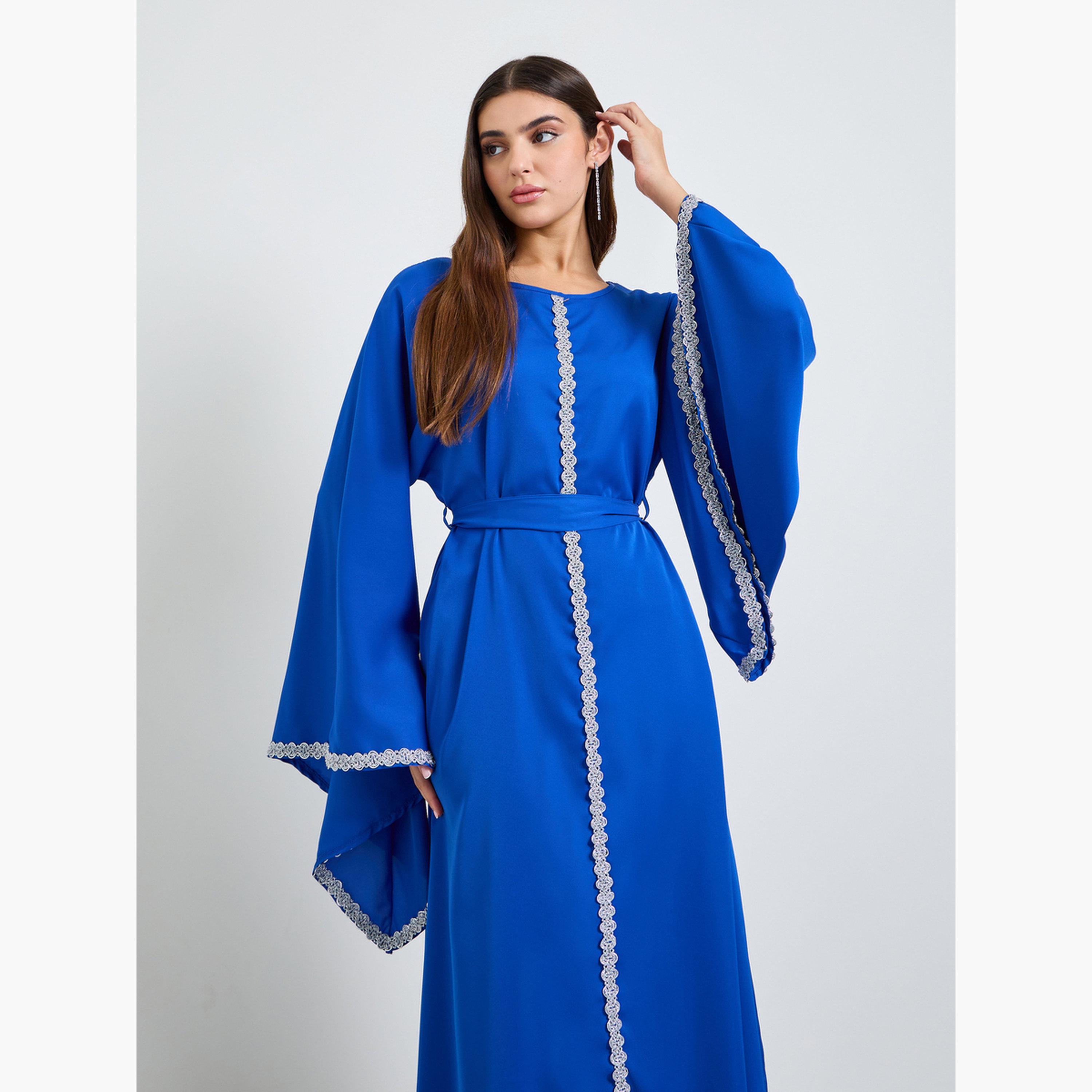 Take Two Blue Embroidered Long Sleeves Kaftan-women-arabicclothing-kaftan-image-3