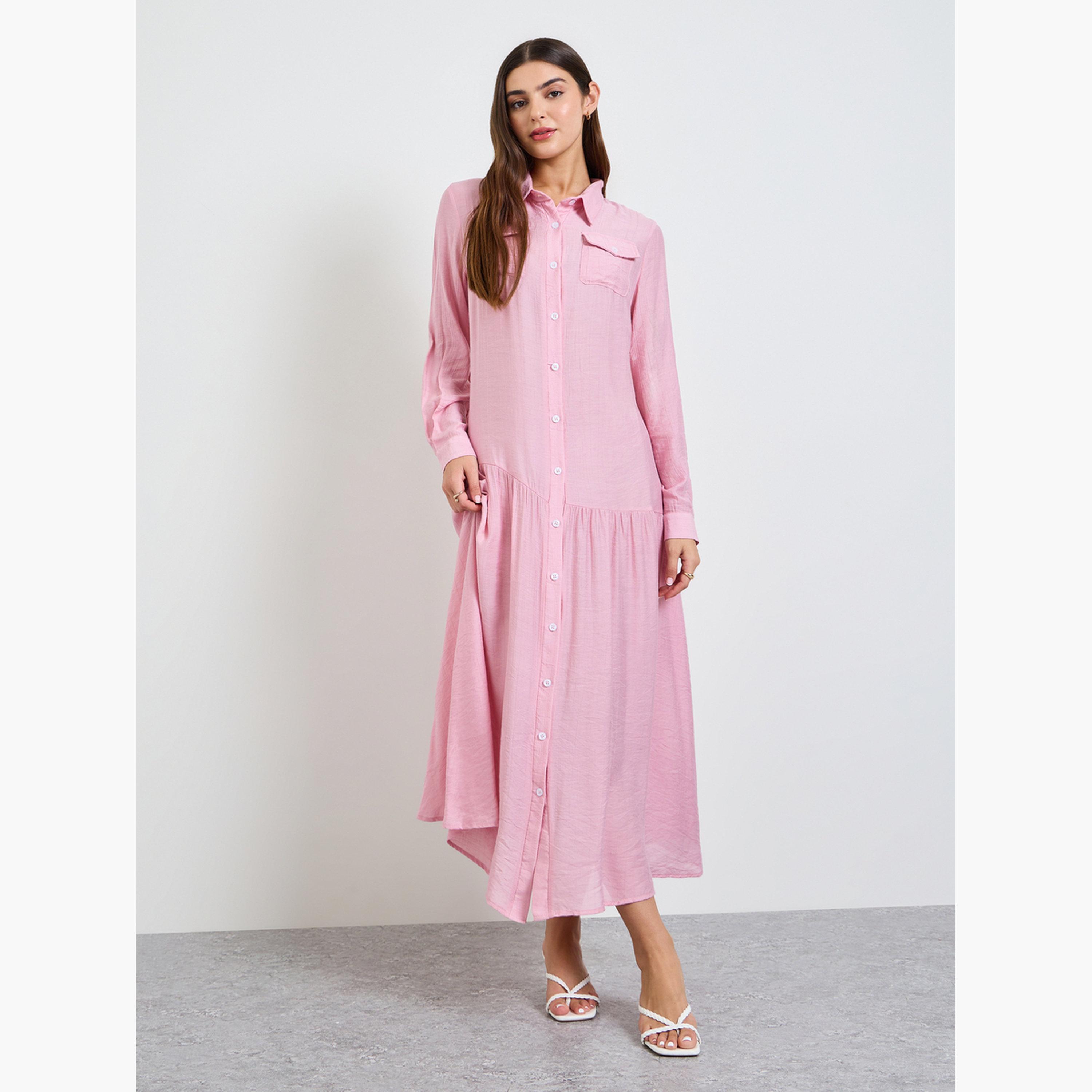 Take Two Pink Plain Long Sleeve Shirt Maxi Dress-women-clothing-dresses-image-1