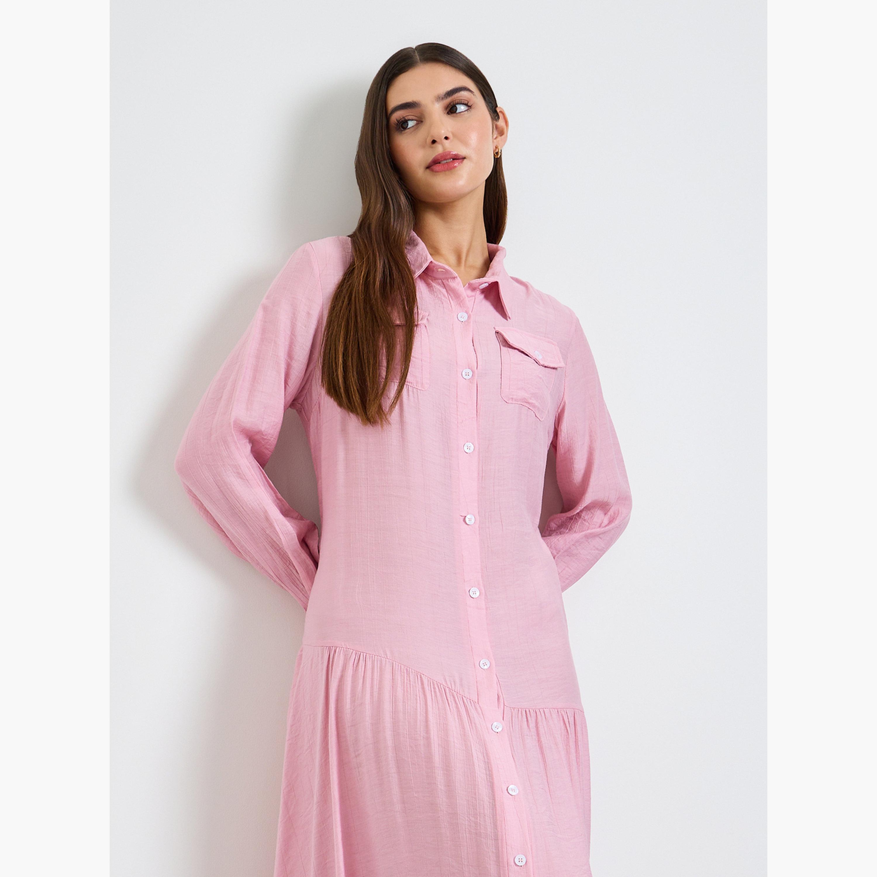Take Two Pink Plain Long Sleeve Shirt Maxi Dress-women-clothing-dresses-image-2