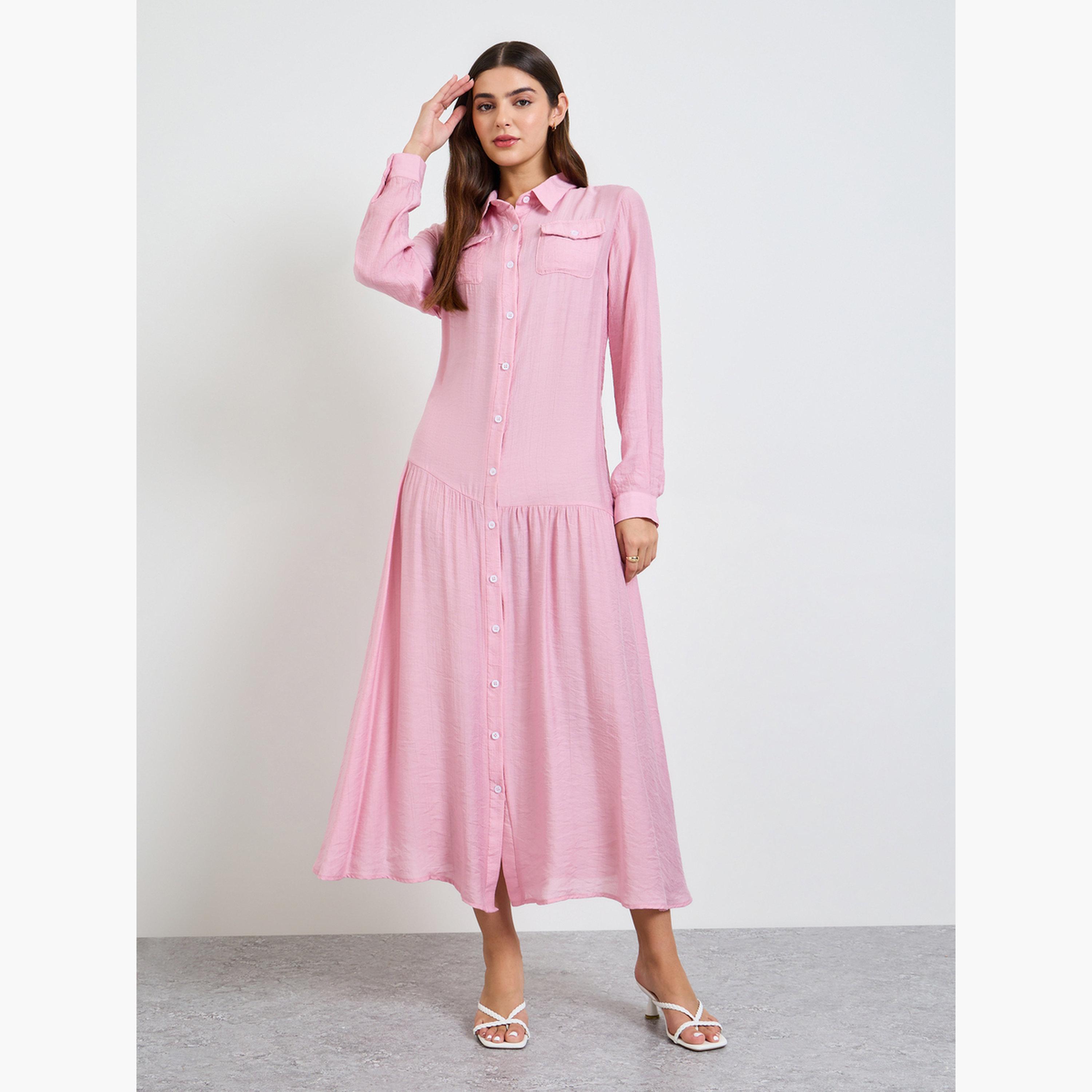 Take Two Pink Plain Long Sleeve Shirt Maxi Dress-women-clothing-dresses-image-3