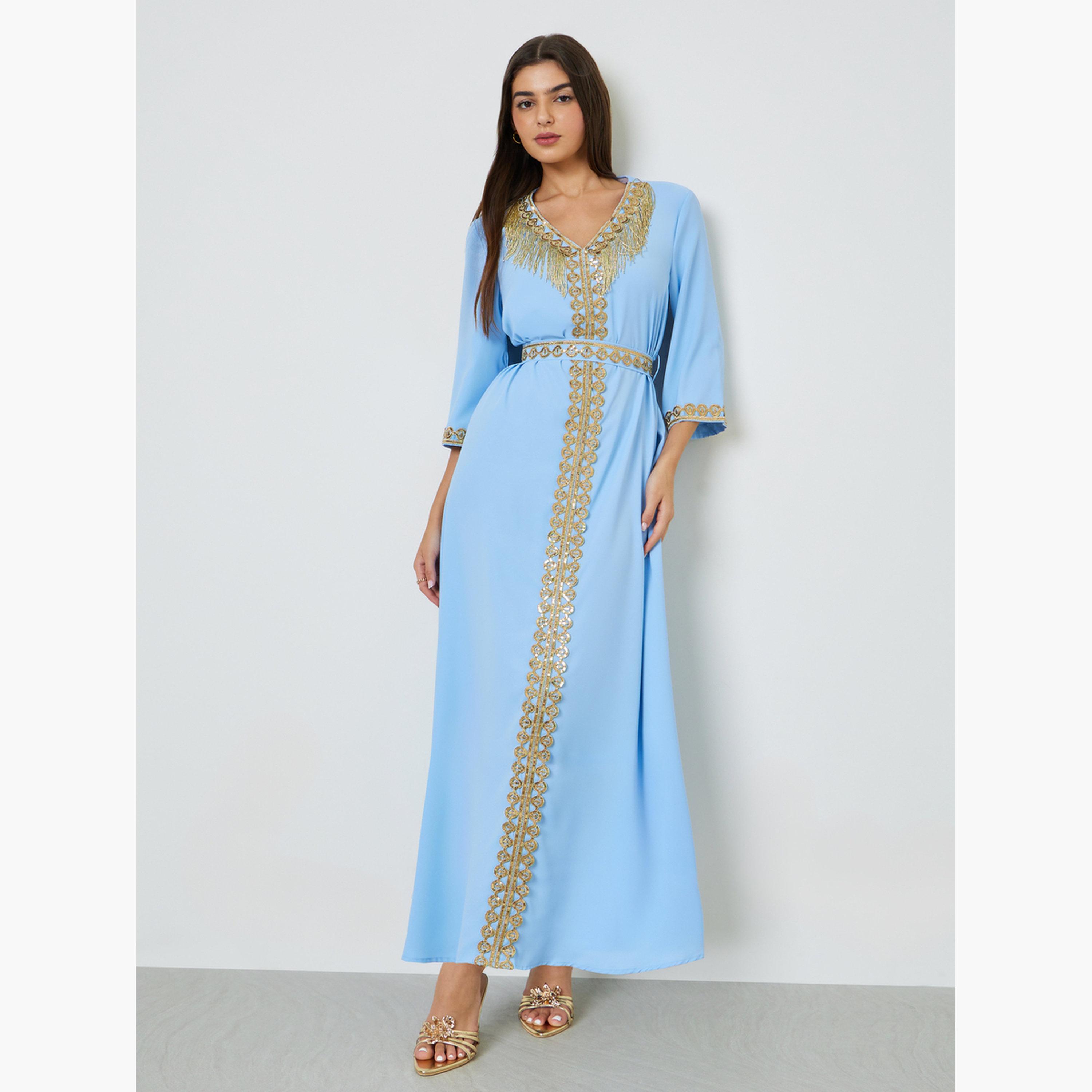 Take Two Blue V Neck Golden Embroidery A-Line Kaftan-women-arabicclothing-kaftan-image-1