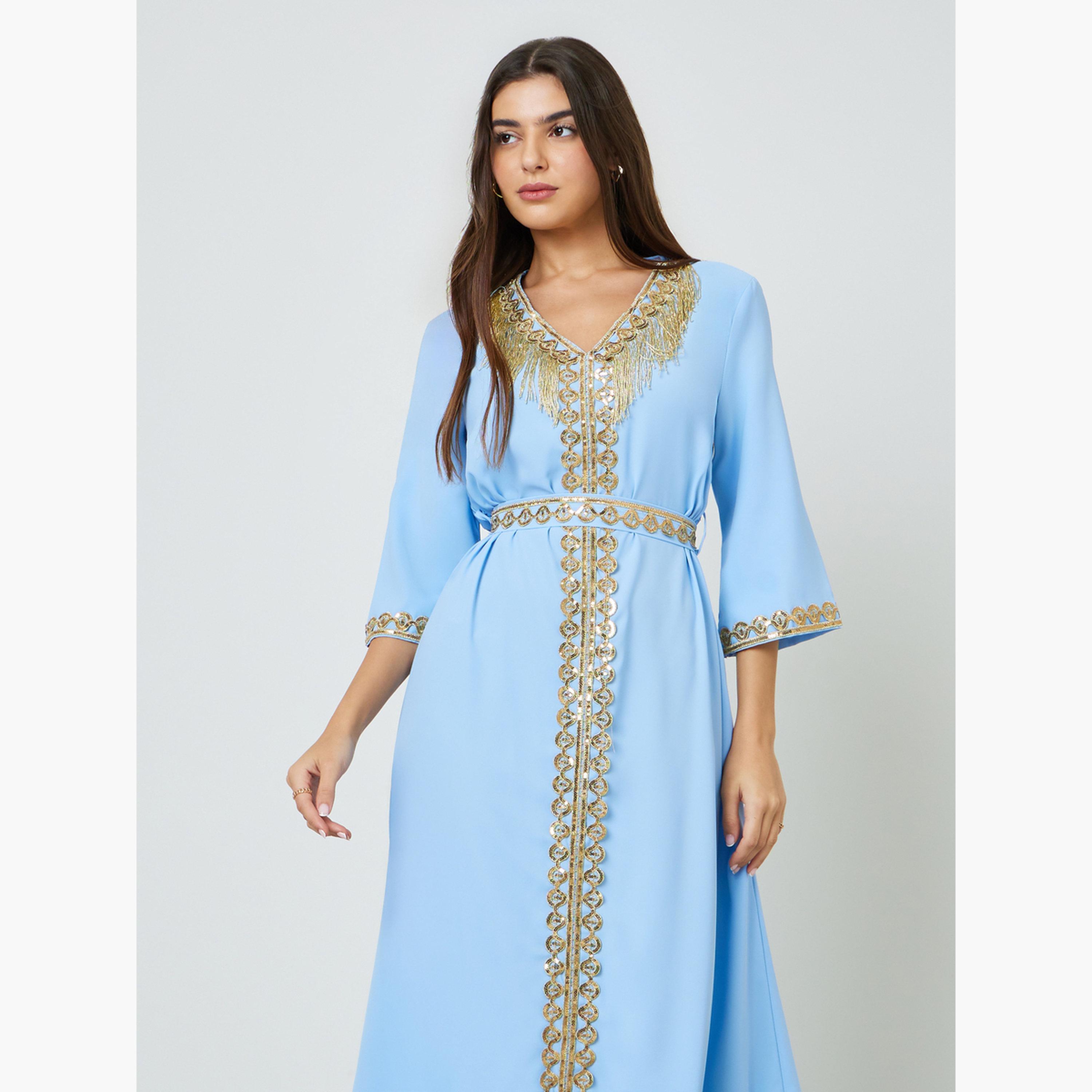Take Two Blue V Neck Golden Embroidery A-Line Kaftan-women-arabicclothing-kaftan-image-2