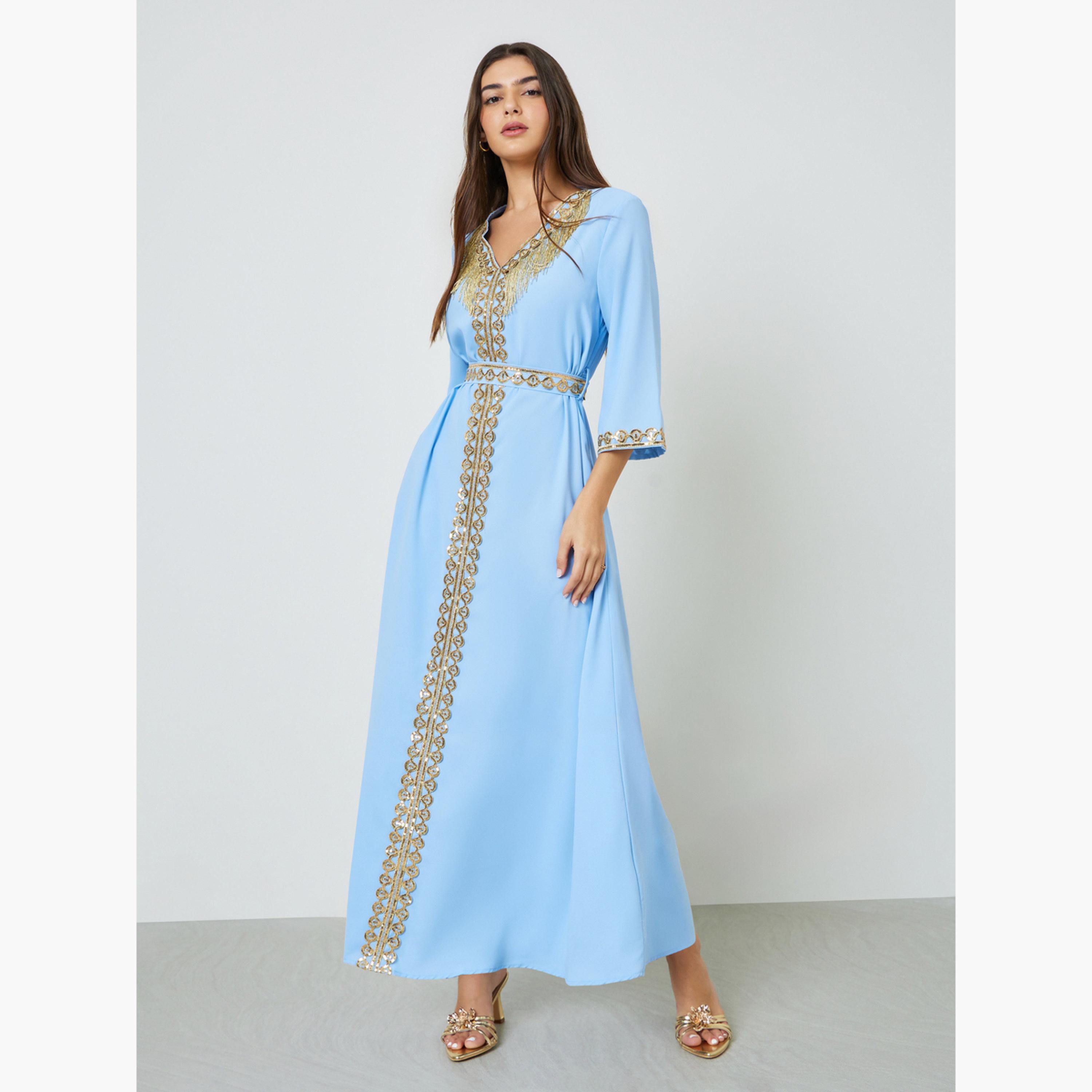 Take Two Blue V Neck Golden Embroidery A-Line Kaftan-women-arabicclothing-kaftan-image-3