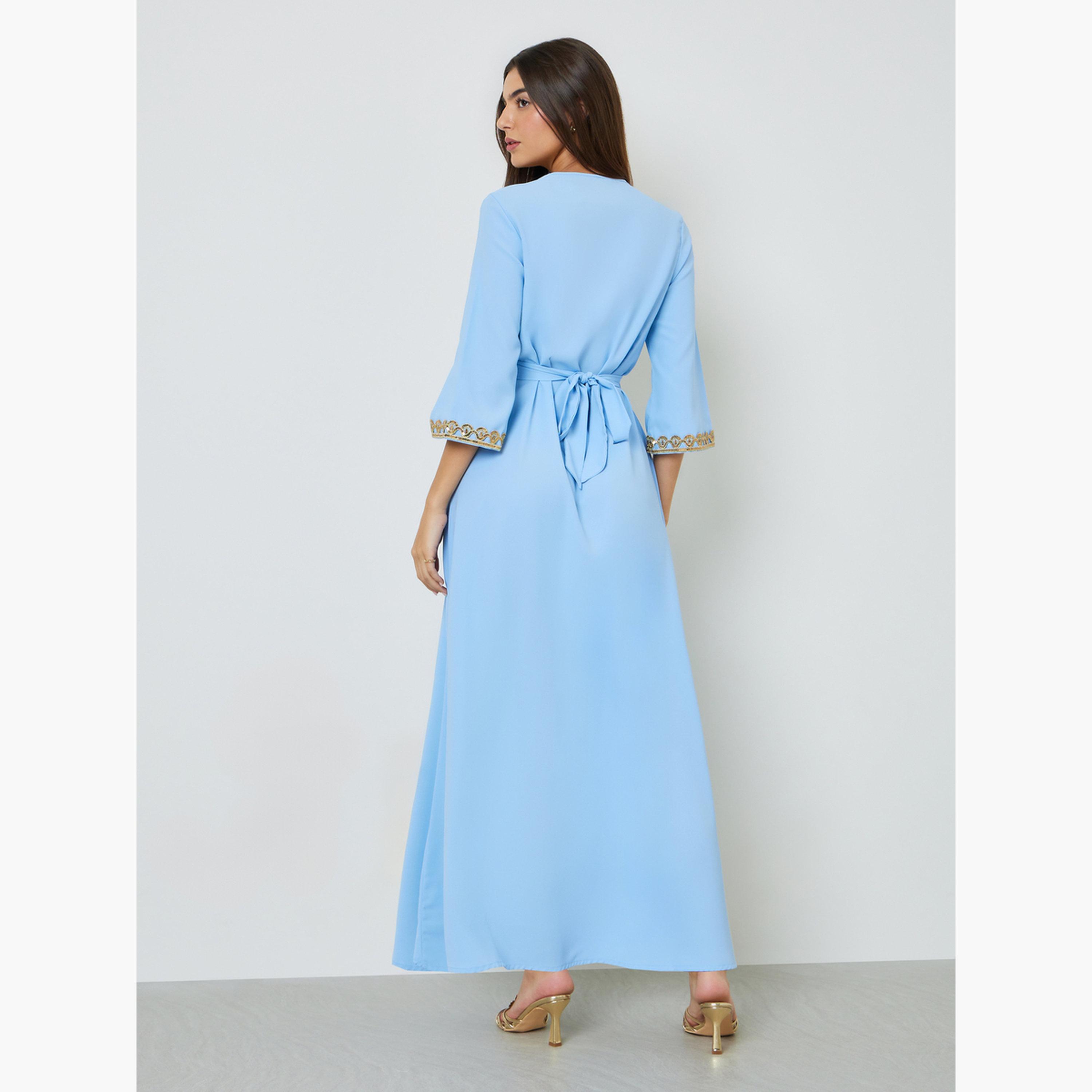 Take Two Blue V Neck Golden Embroidery A-Line Kaftan-women-arabicclothing-kaftan-image-4