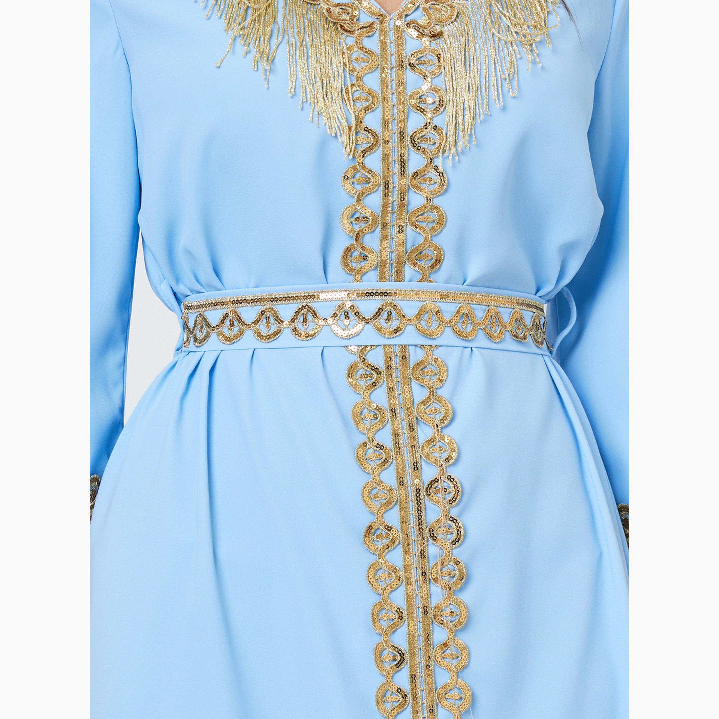 Take Two Blue V Neck Golden Embroidery A-Line Kaftan-women-arabicclothing-kaftan-image-5