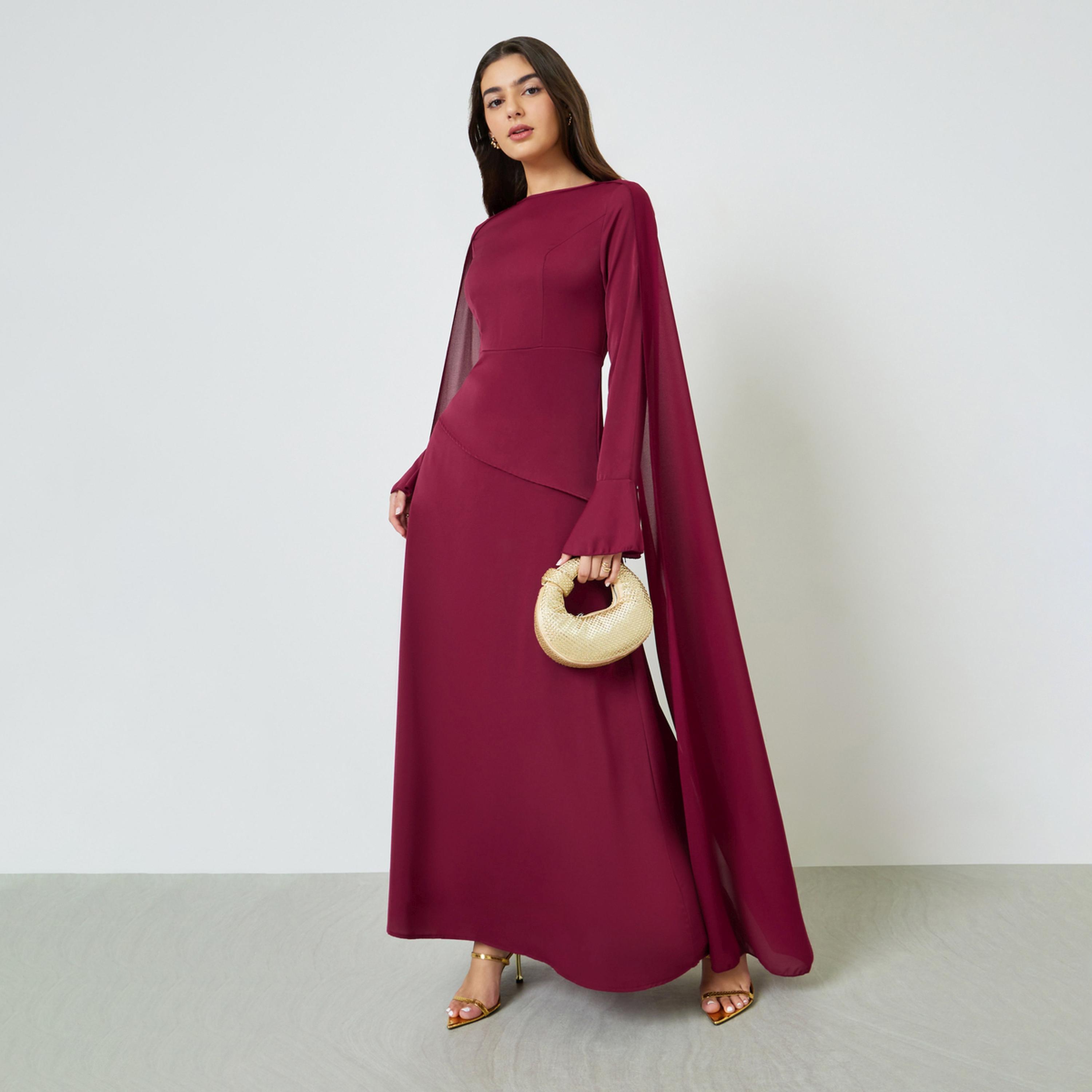 Take Two Burgundy Draped Round Neck Cape Maxi Dress-women-clothing-dresses-image-1