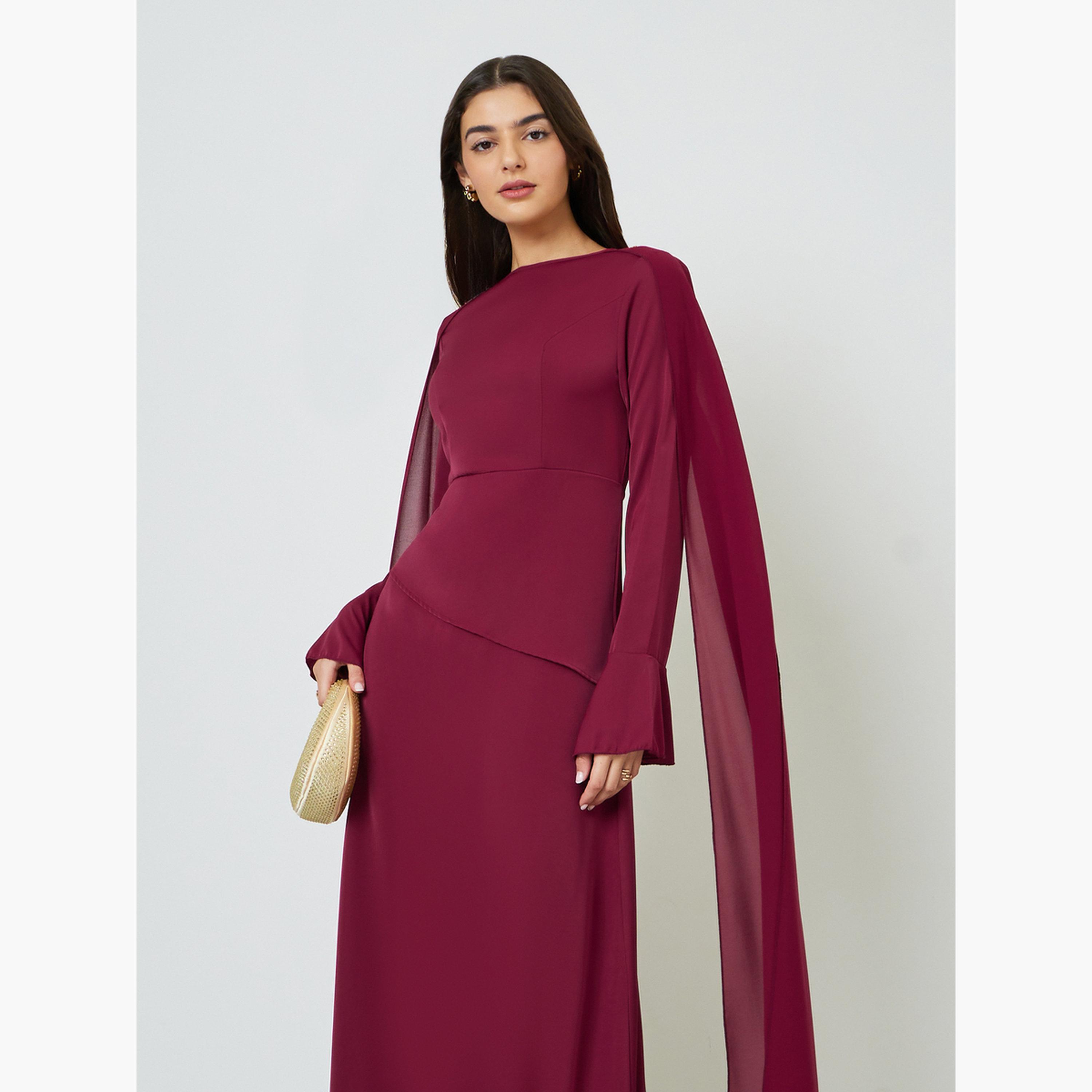 Take Two Burgundy Draped Round Neck Cape Maxi Dress-women-clothing-dresses-image-2