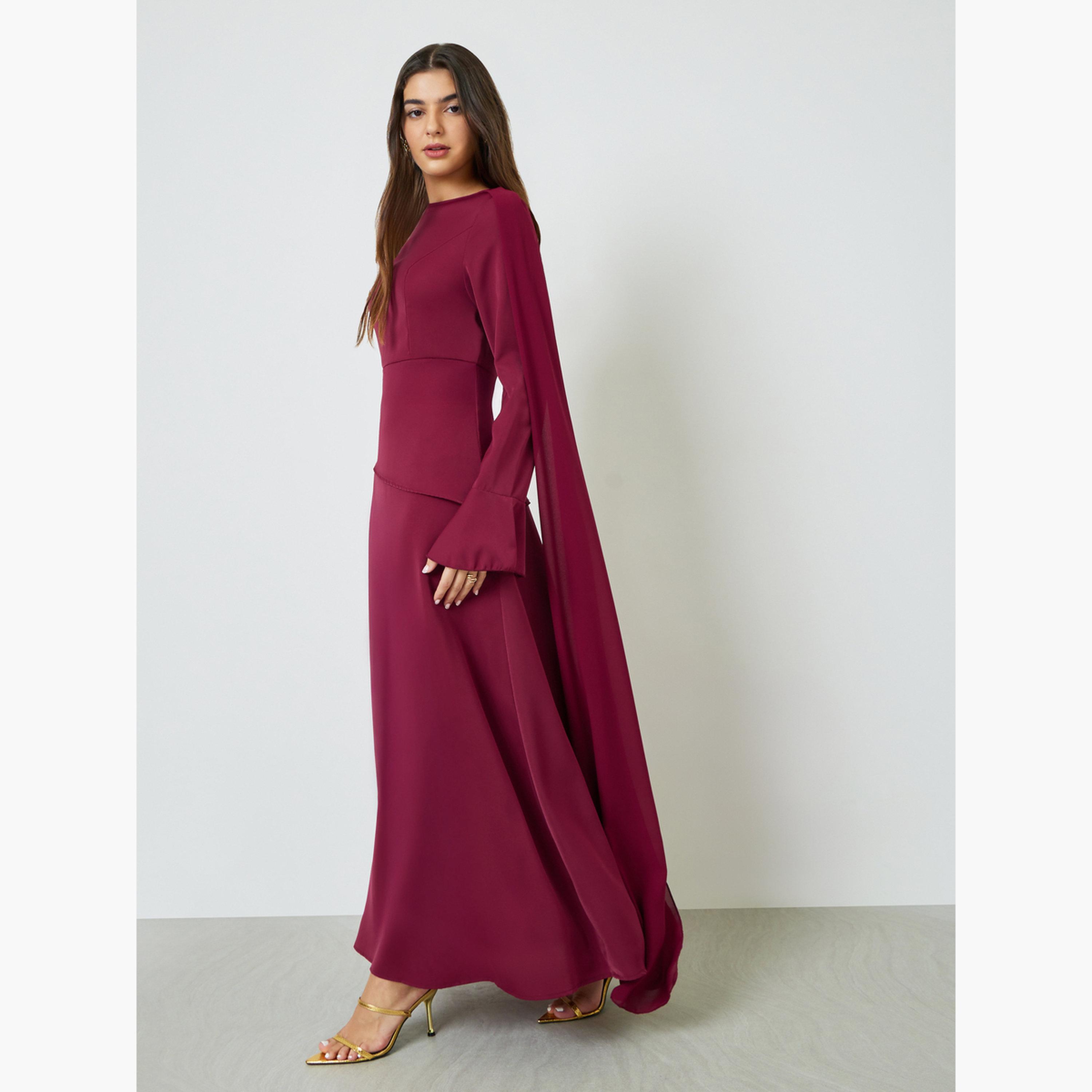 Take Two Burgundy Draped Round Neck Cape Maxi Dress-women-clothing-dresses-image-3