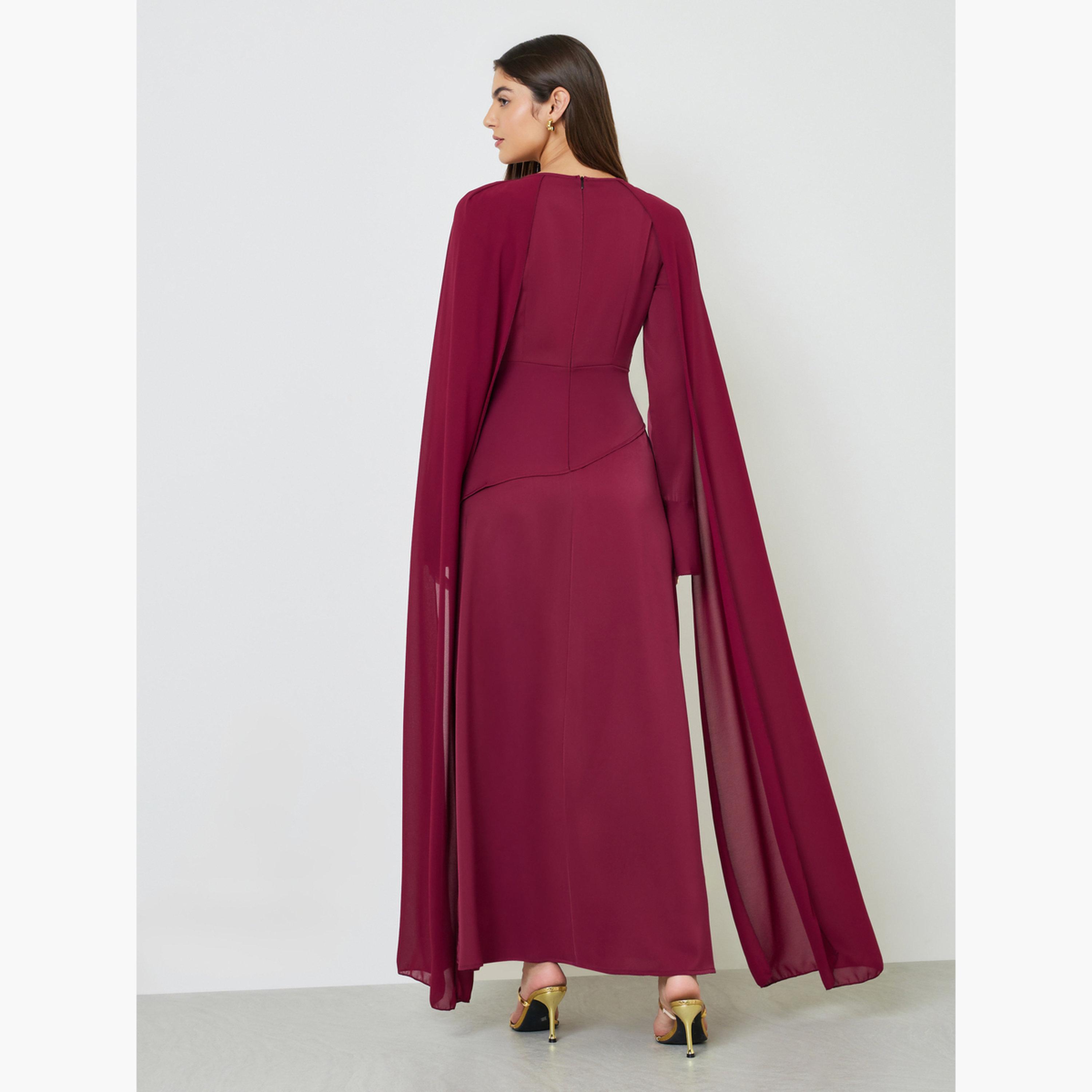 Take Two Burgundy Draped Round Neck Cape Maxi Dress-women-clothing-dresses-image-4