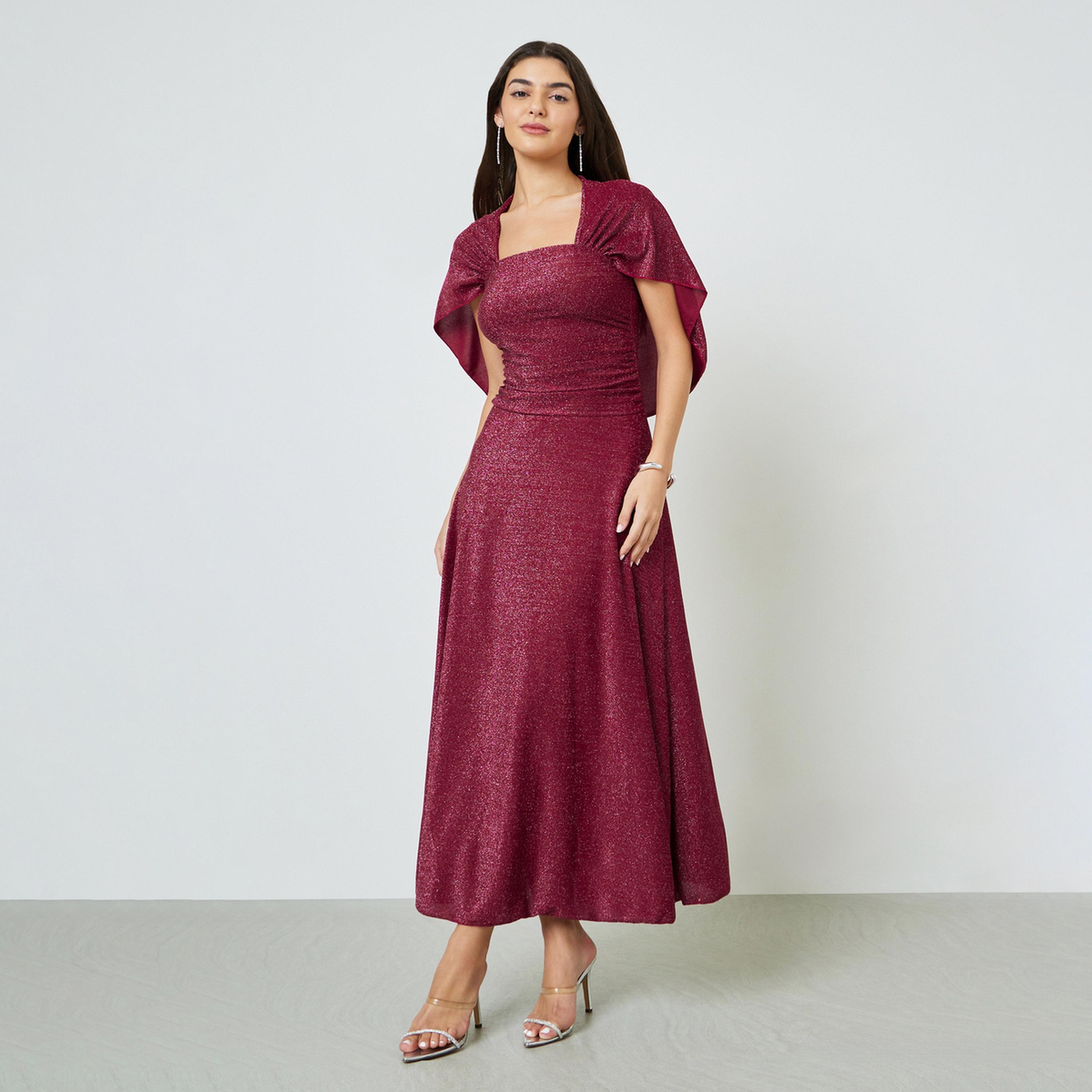 فستان طويل بحافة واسعة وياقة مربعة براق-women-clothing-dresses-image-1