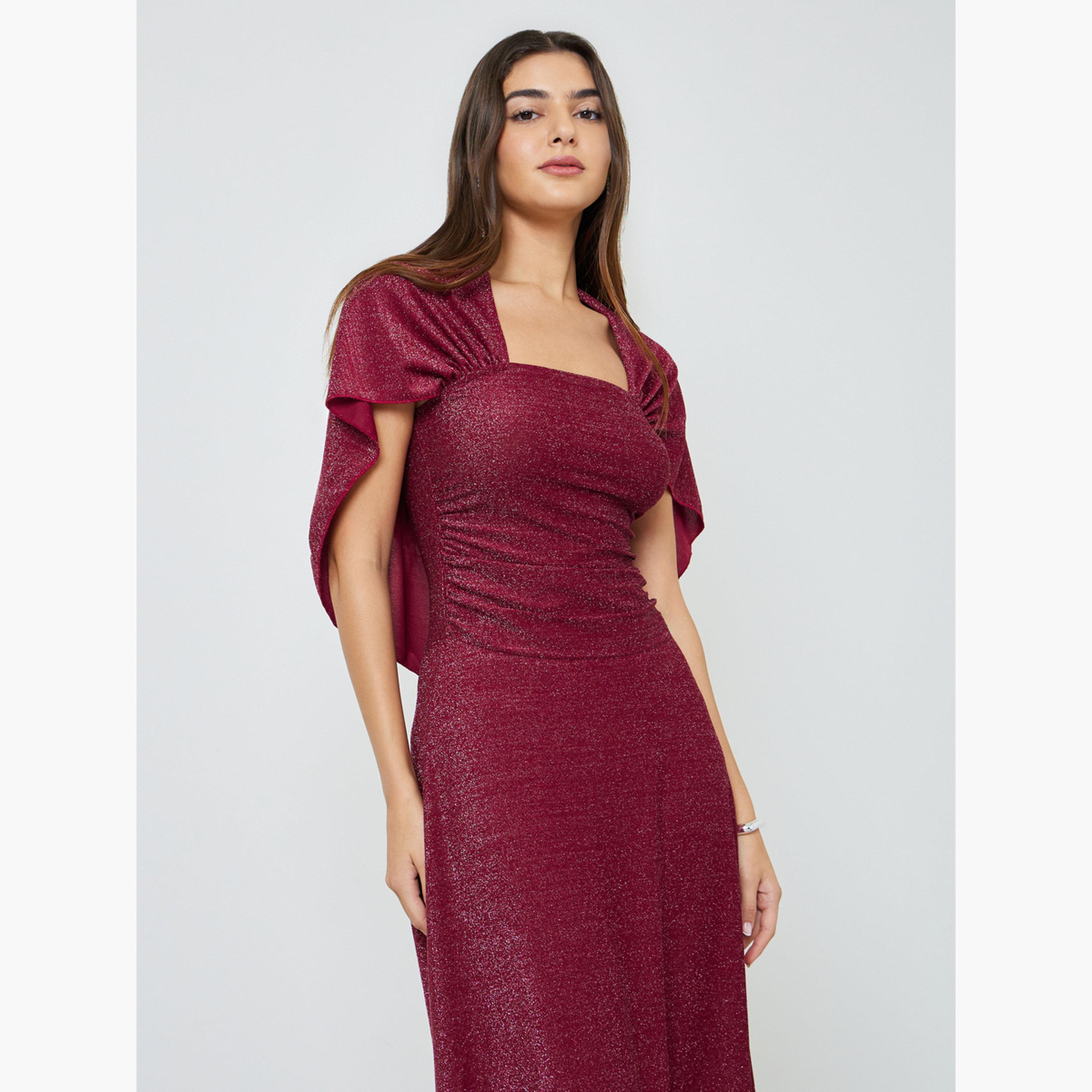 فستان طويل بحافة واسعة وياقة مربعة براق-women-clothing-dresses-image-2