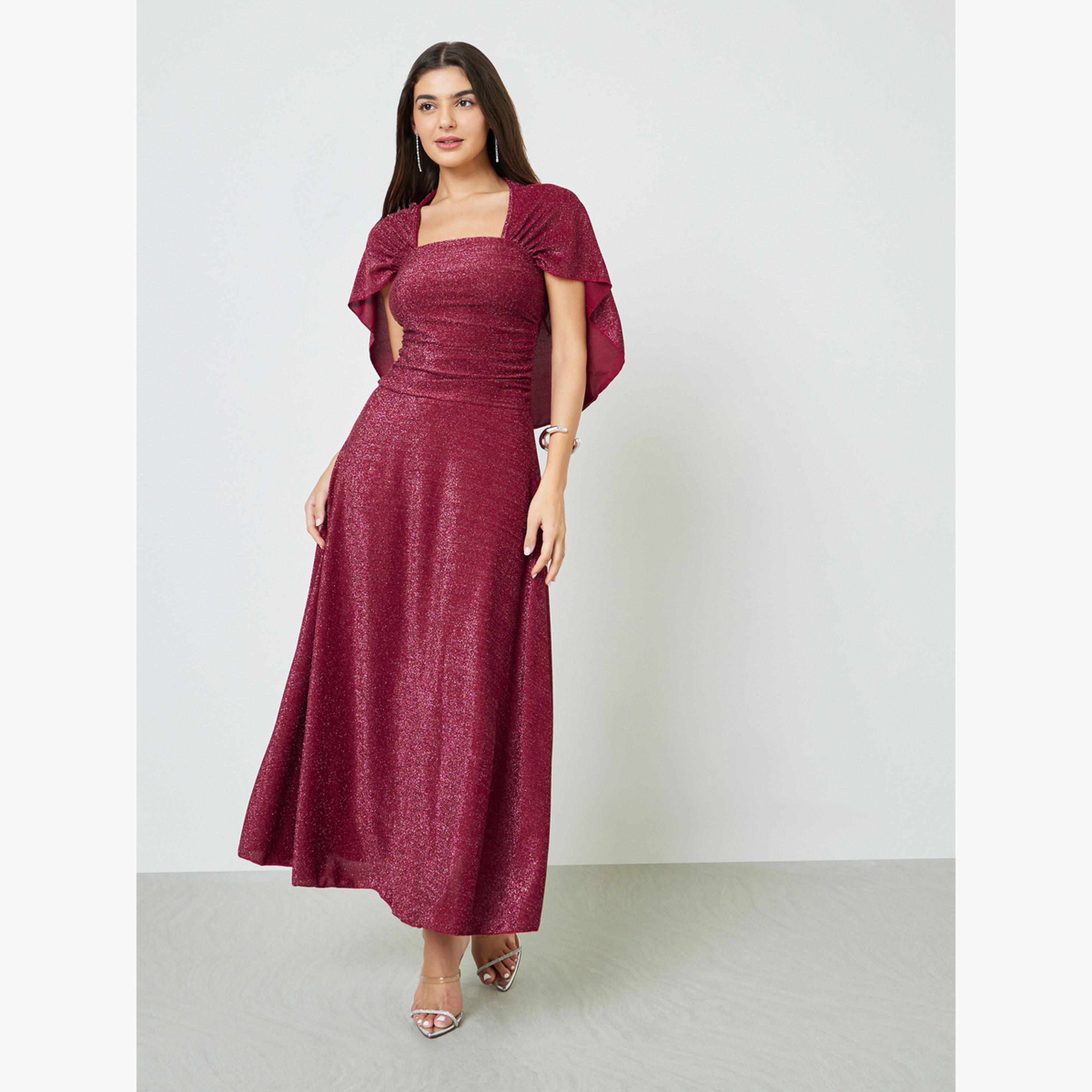 فستان طويل بحافة واسعة وياقة مربعة براق-women-clothing-dresses-image-3