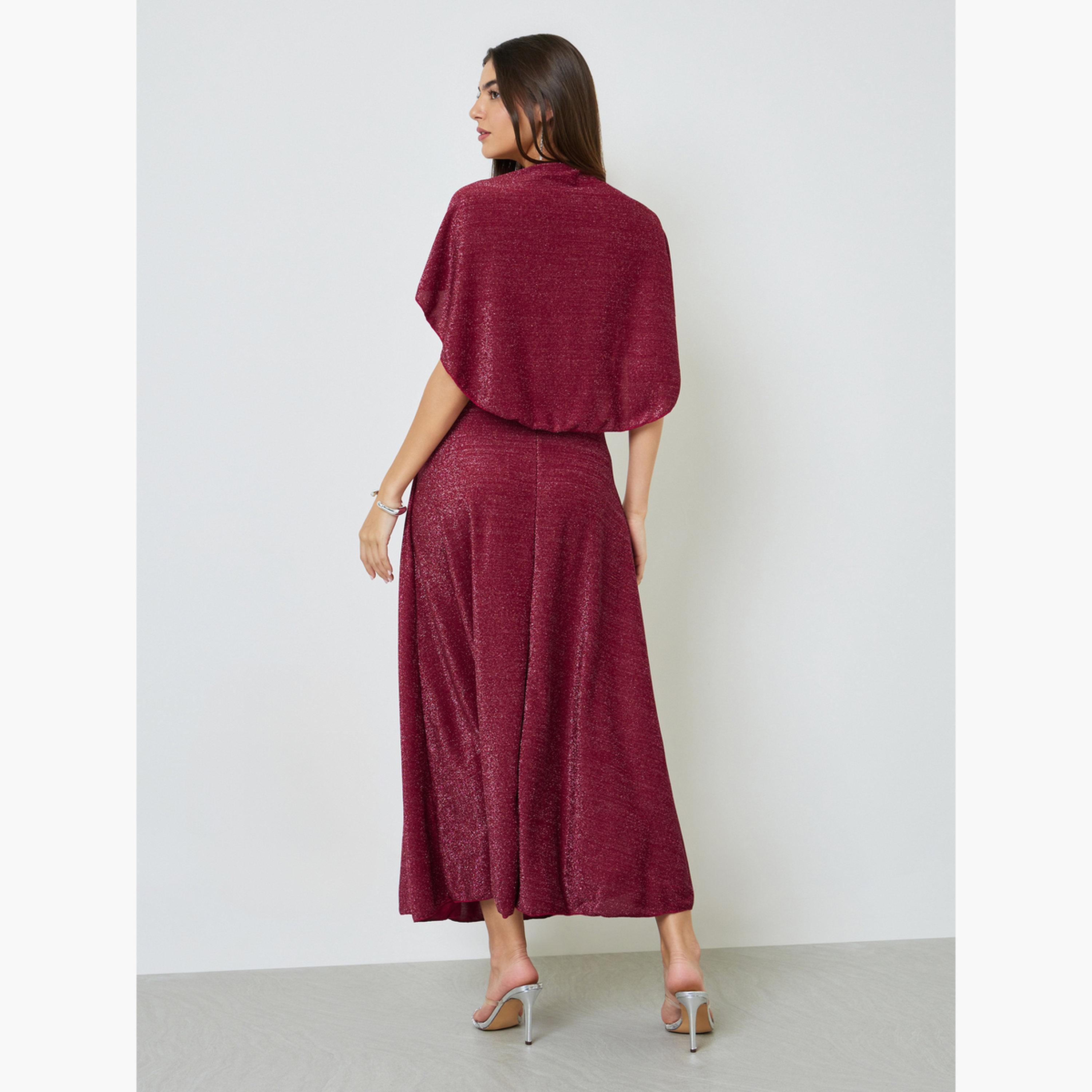 فستان طويل بحافة واسعة وياقة مربعة براق-women-clothing-dresses-image-4