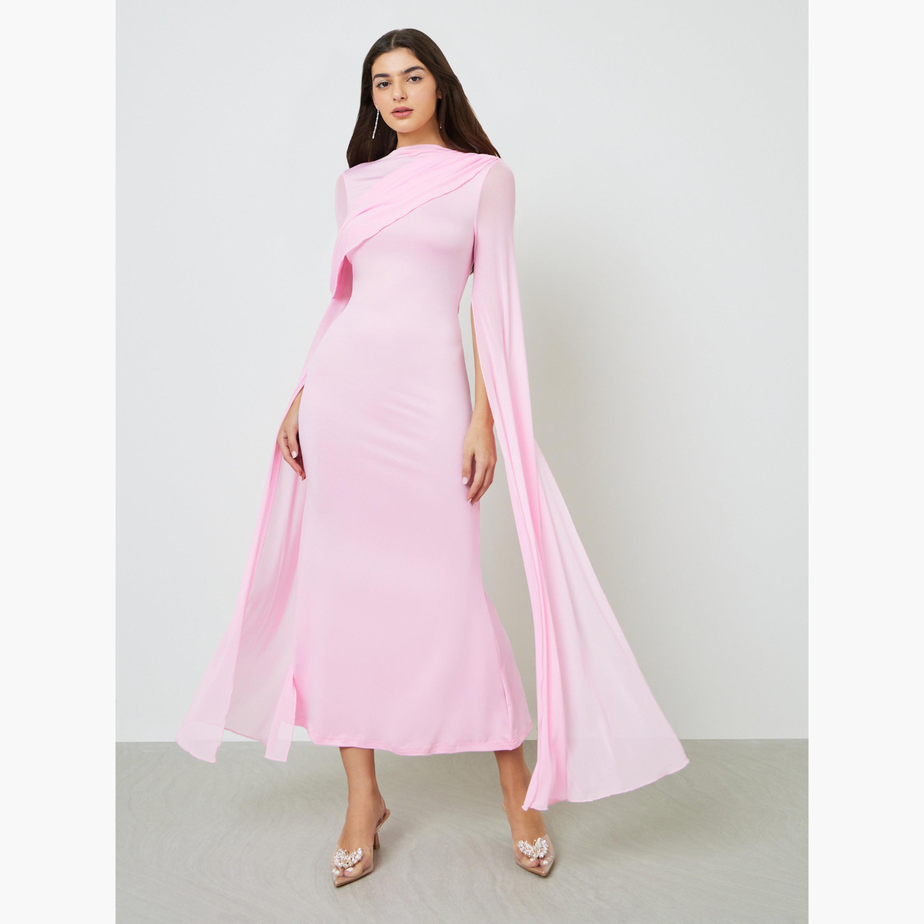 Take Two Pink Solid Drape Sleeves Sheath Maxi Dress-women-clothing-dresses-image-1