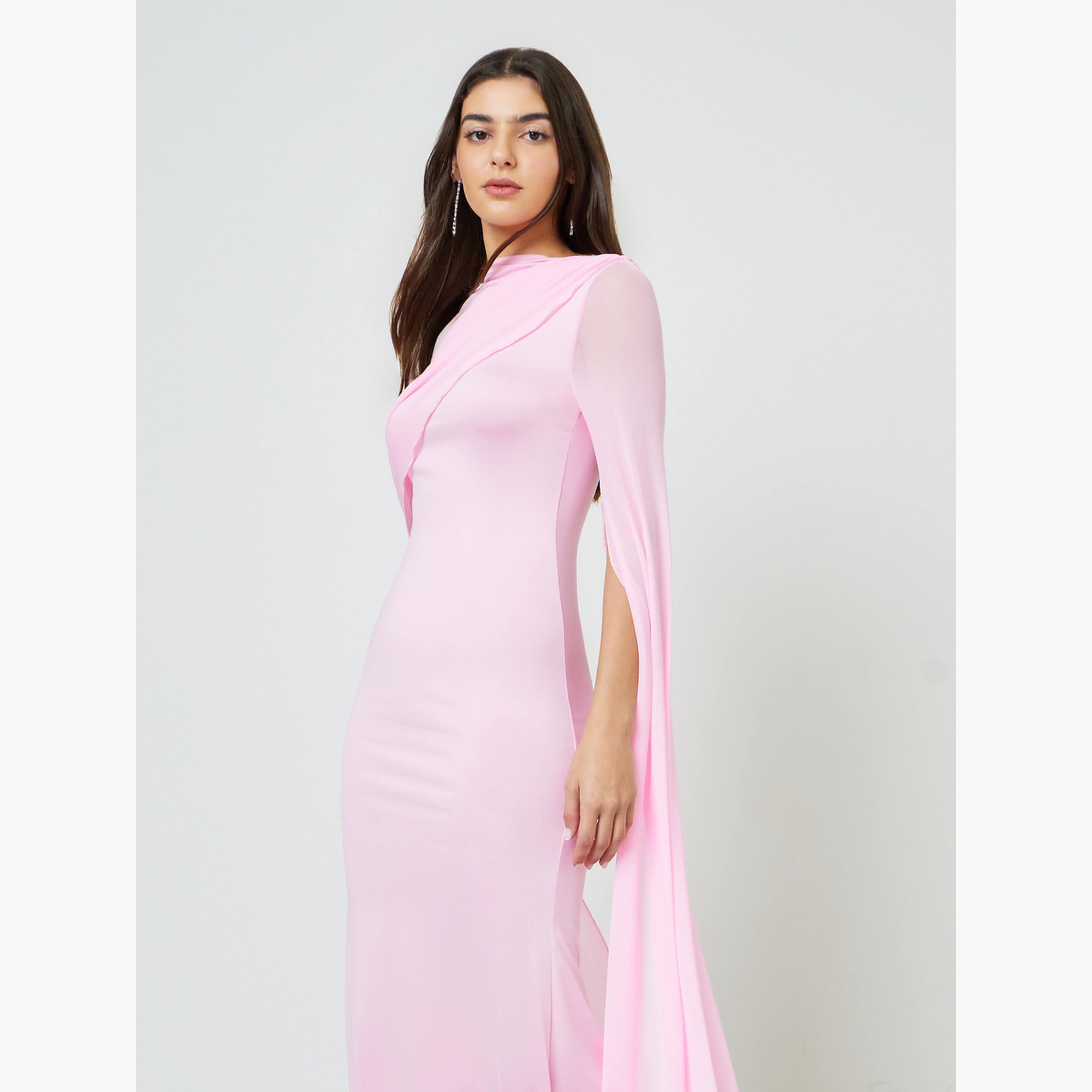 Take Two Pink Solid Drape Sleeves Sheath Maxi Dress-women-clothing-dresses-image-2