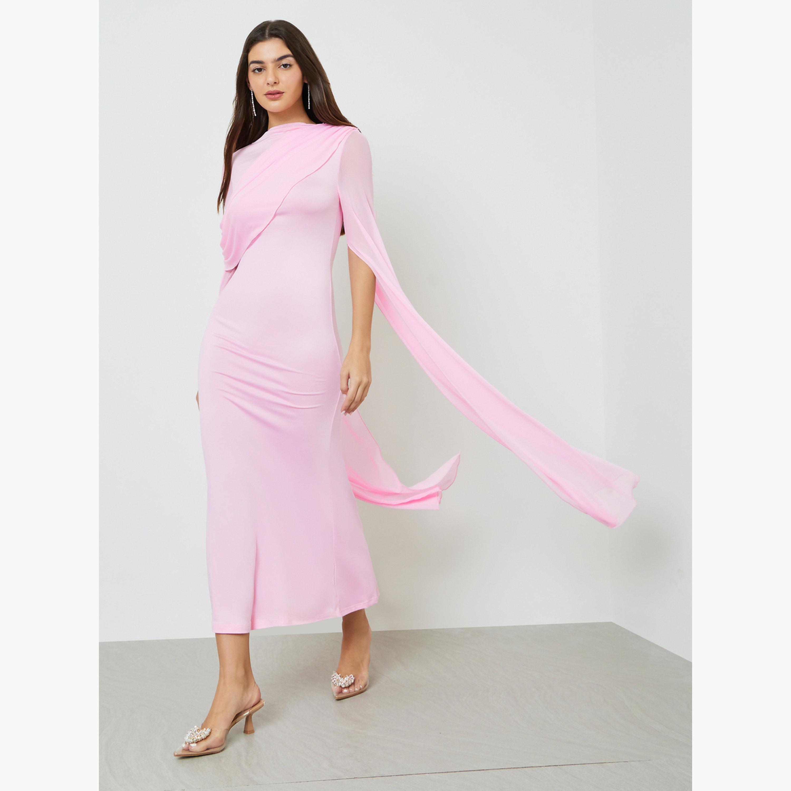 Take Two Pink Solid Drape Sleeves Sheath Maxi Dress-women-clothing-dresses-image-3