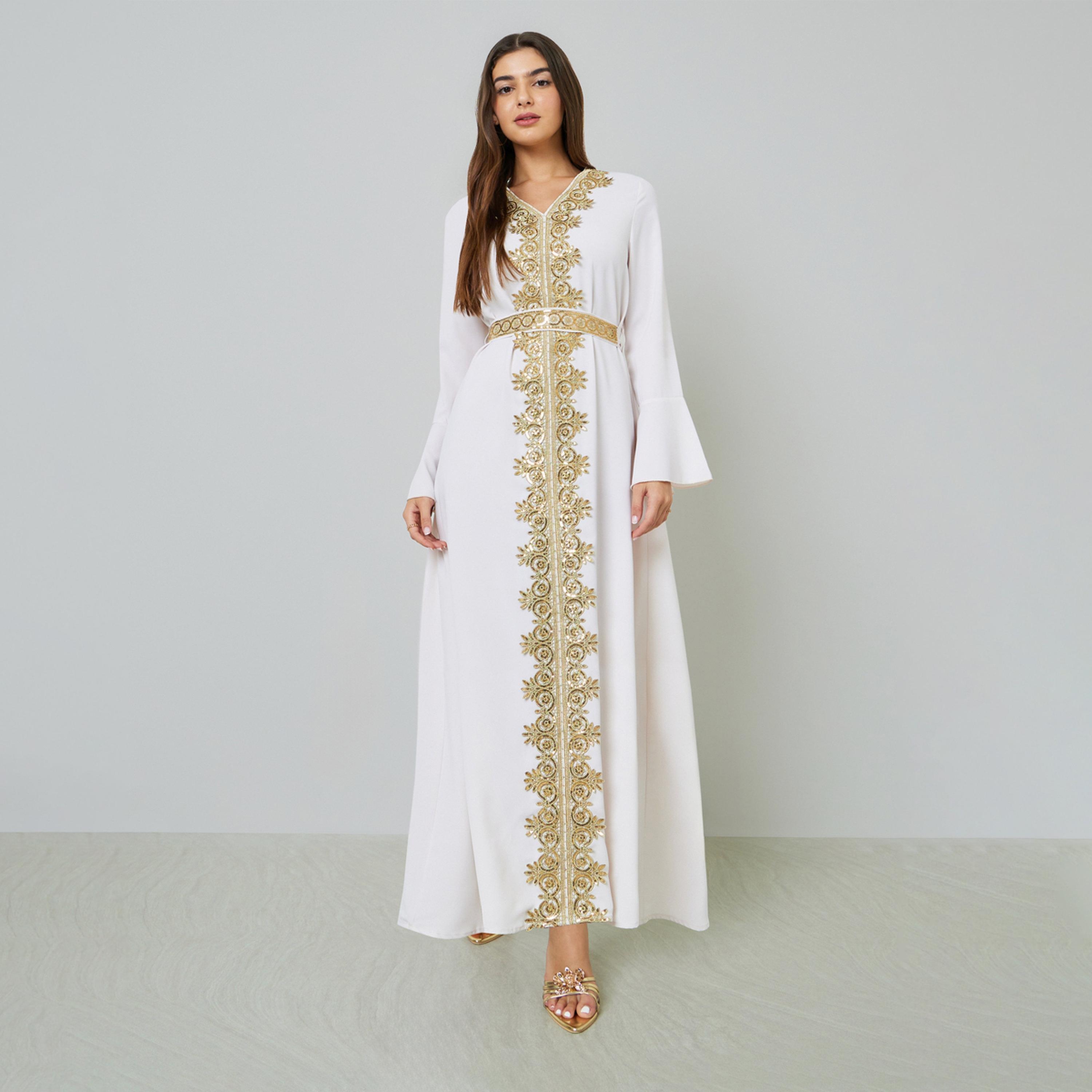 Take Two White Gold Embroidery A-Line Maxi Kaftan-women-arabicclothing-kaftan-image-1