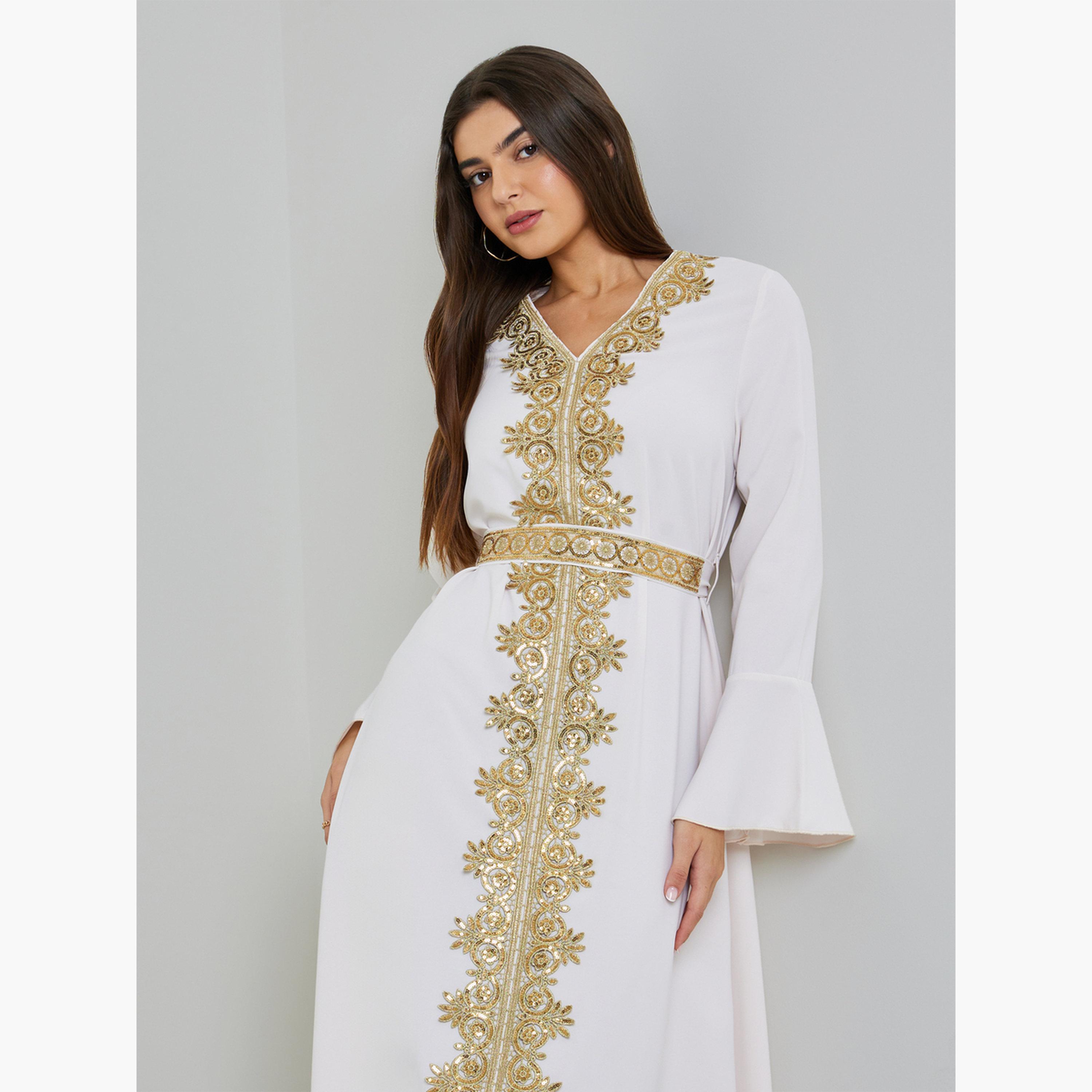 Take Two White Gold Embroidery A-Line Maxi Kaftan-women-arabicclothing-kaftan-image-2