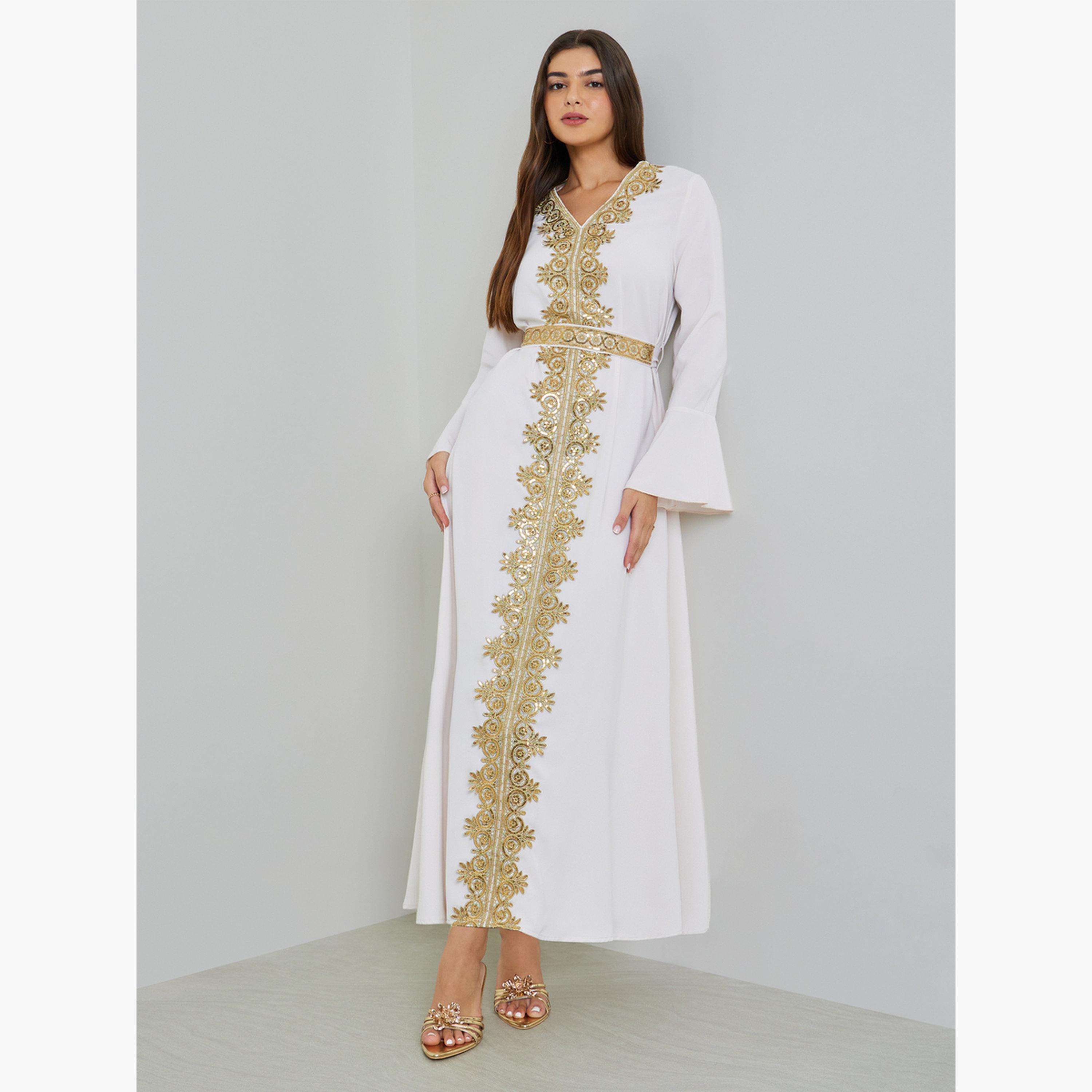 Take Two White Gold Embroidery A-Line Maxi Kaftan-women-arabicclothing-kaftan-image-3