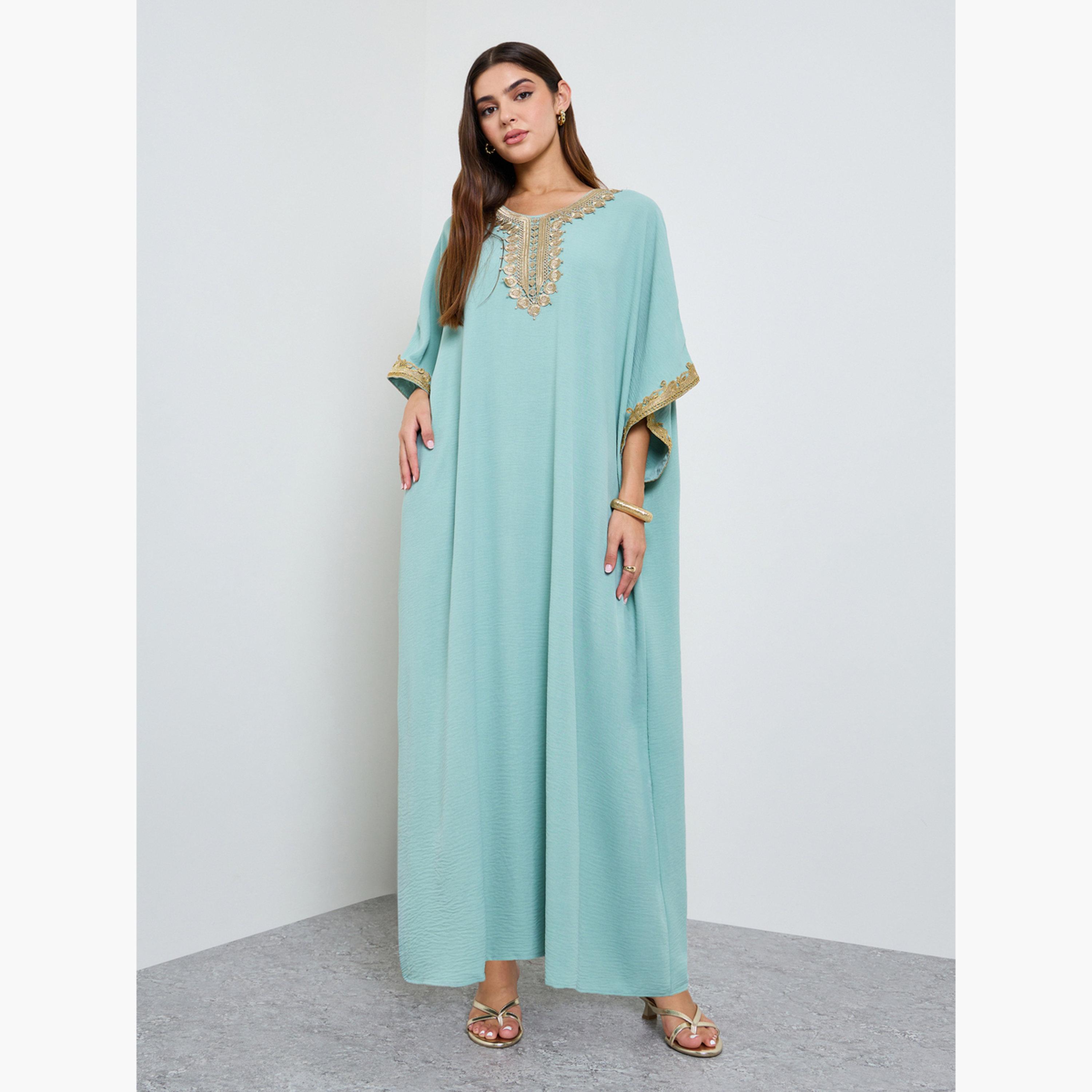 Take Two Green Kaftan Maxi Dress with Lace Embroidery-women-clothing-dresses-image-1