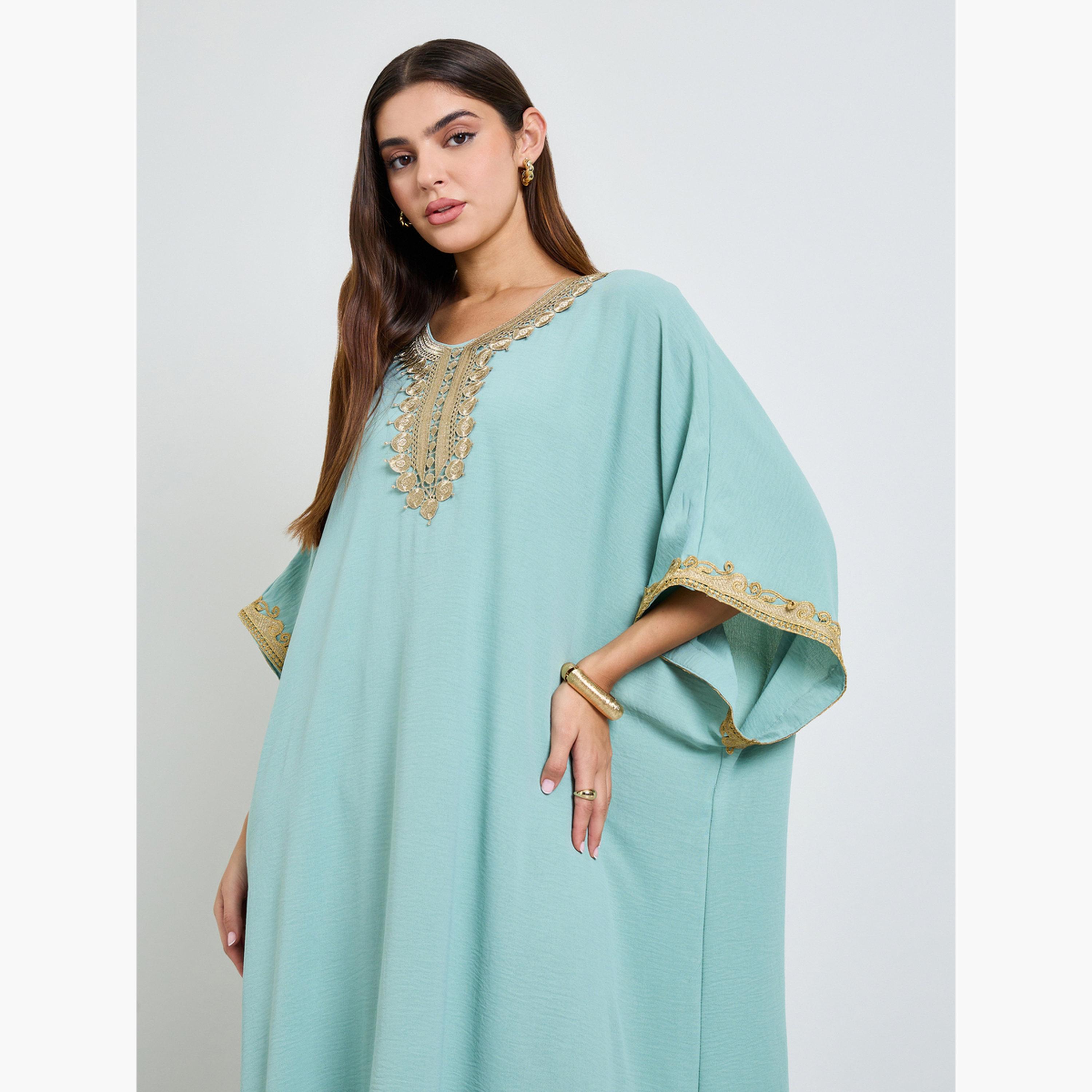 Take Two Green Kaftan Maxi Dress with Lace Embroidery-women-clothing-dresses-image-2