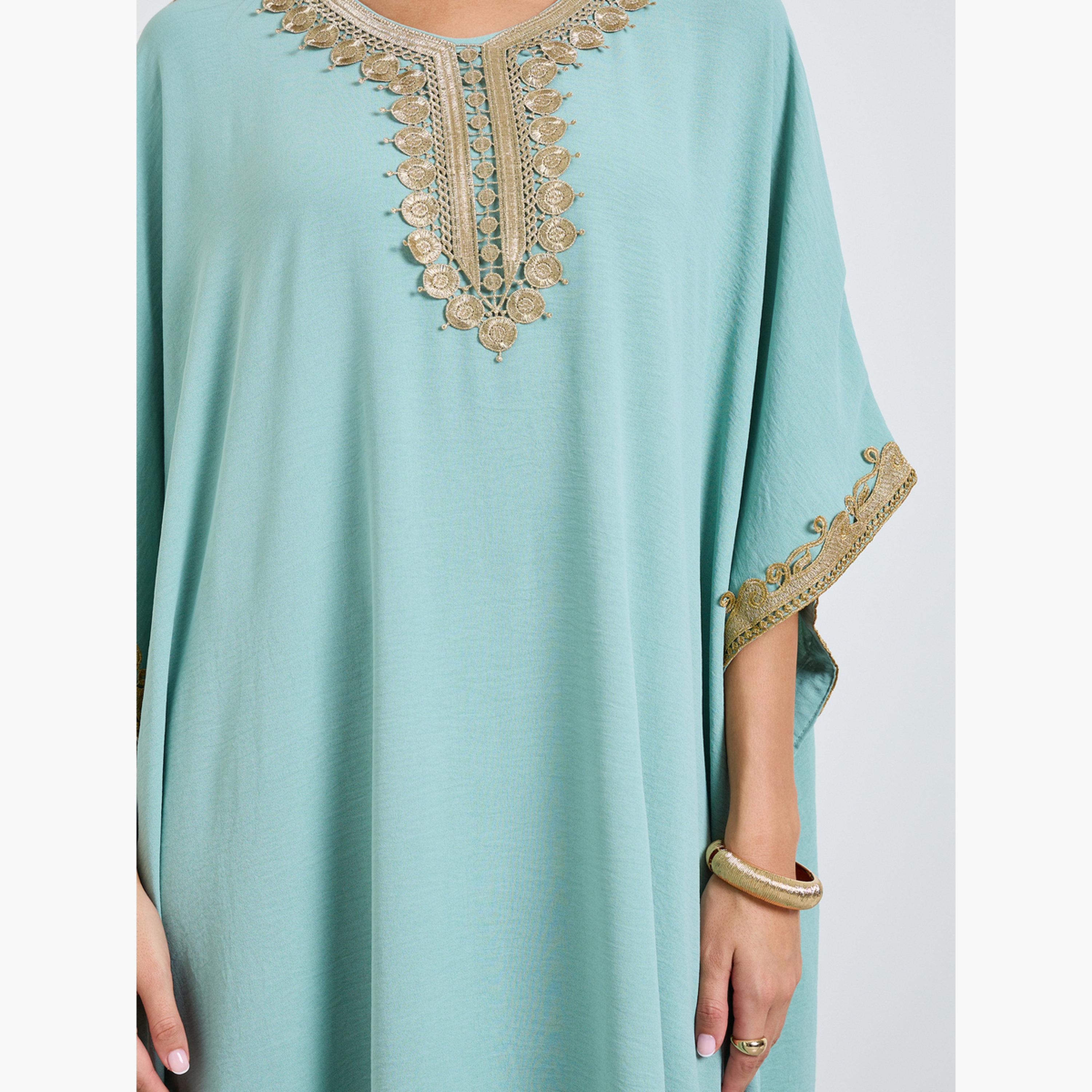 Take Two Green Kaftan Maxi Dress with Lace Embroidery-women-clothing-dresses-image-5