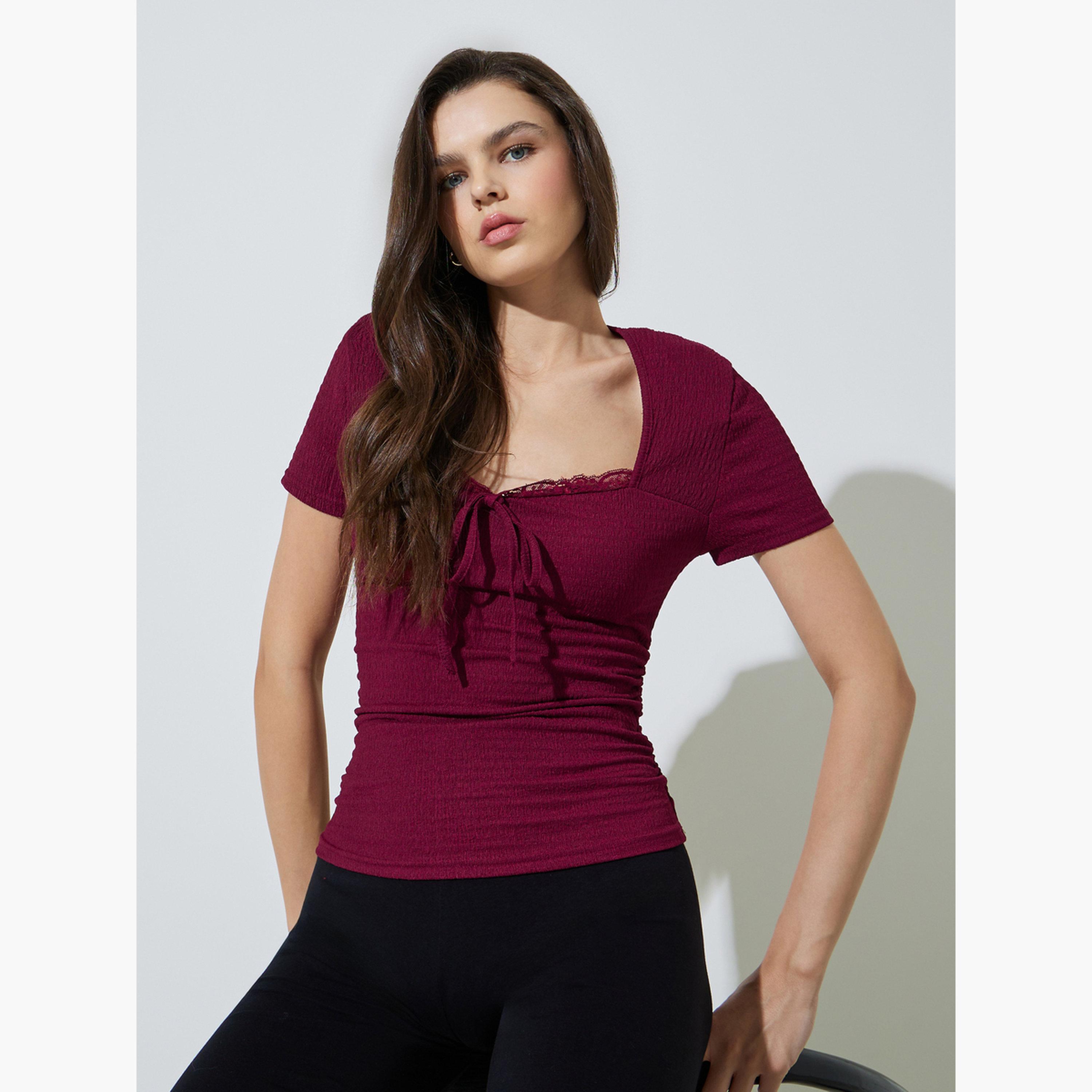 بلوزة بأكمام طويلة وتفاصيل مزمومة برباط أمامي للنساء-women-clothing-shirtsandblouses-blouses-image-3