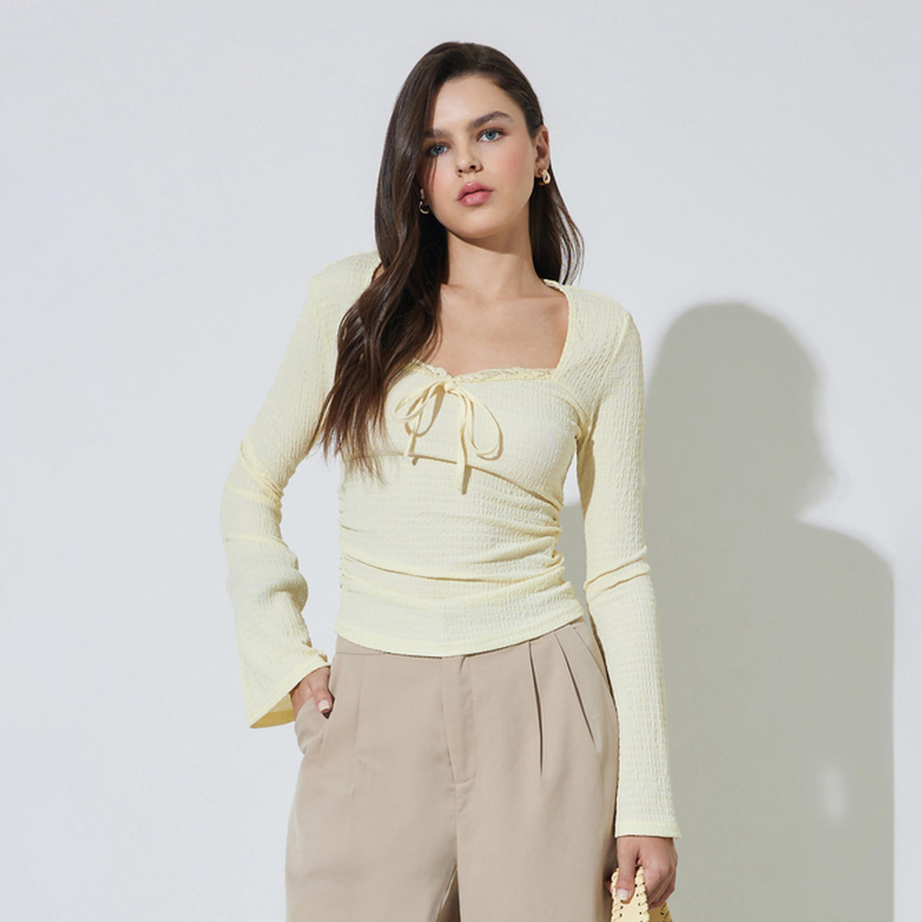 Take Two Yellow Long Sleeve Shirred Tie-Front Top-women-clothing-shirtsandblouses-blouses-image-1
