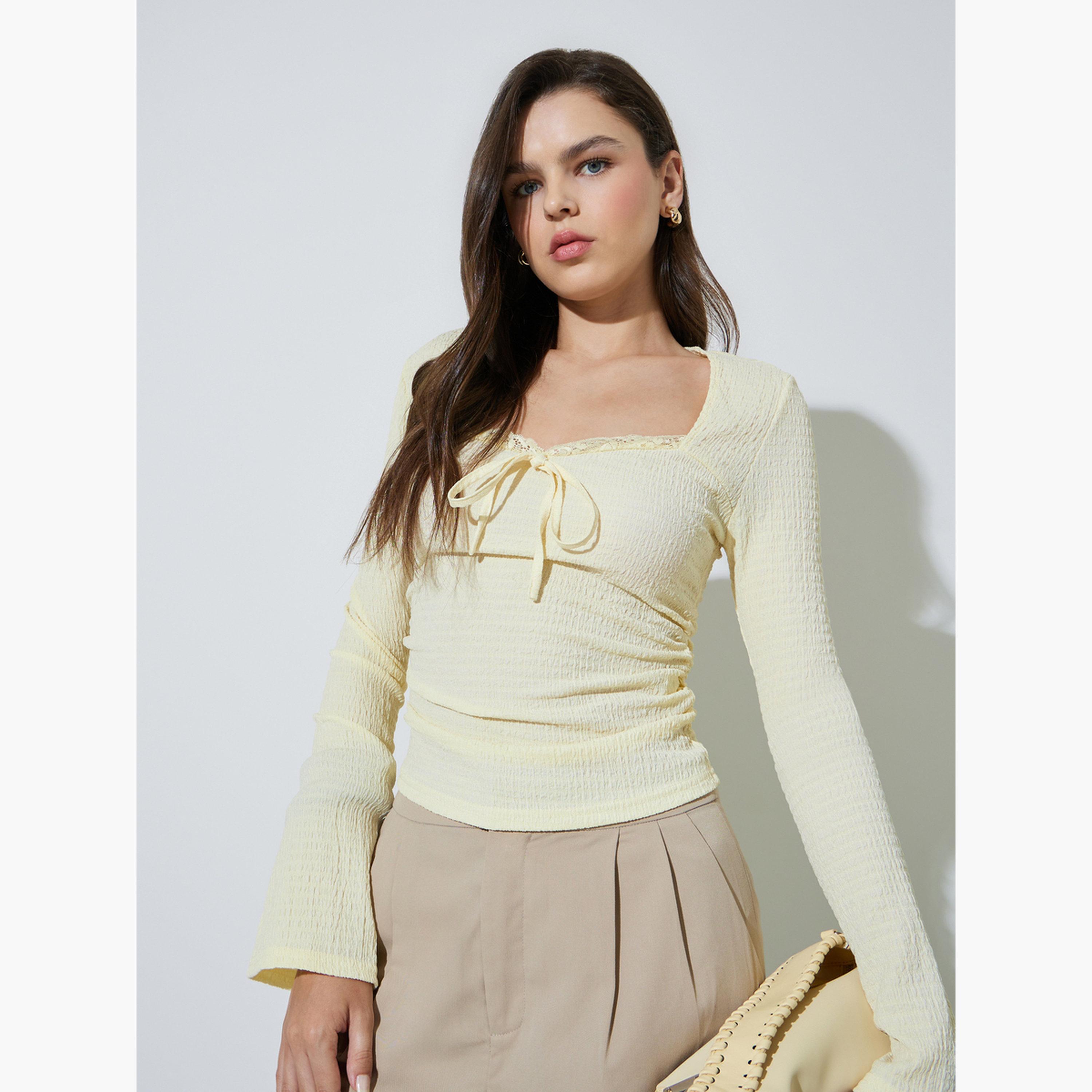 Take Two Yellow Long Sleeve Shirred Tie-Front Top-women-clothing-shirtsandblouses-blouses-image-3