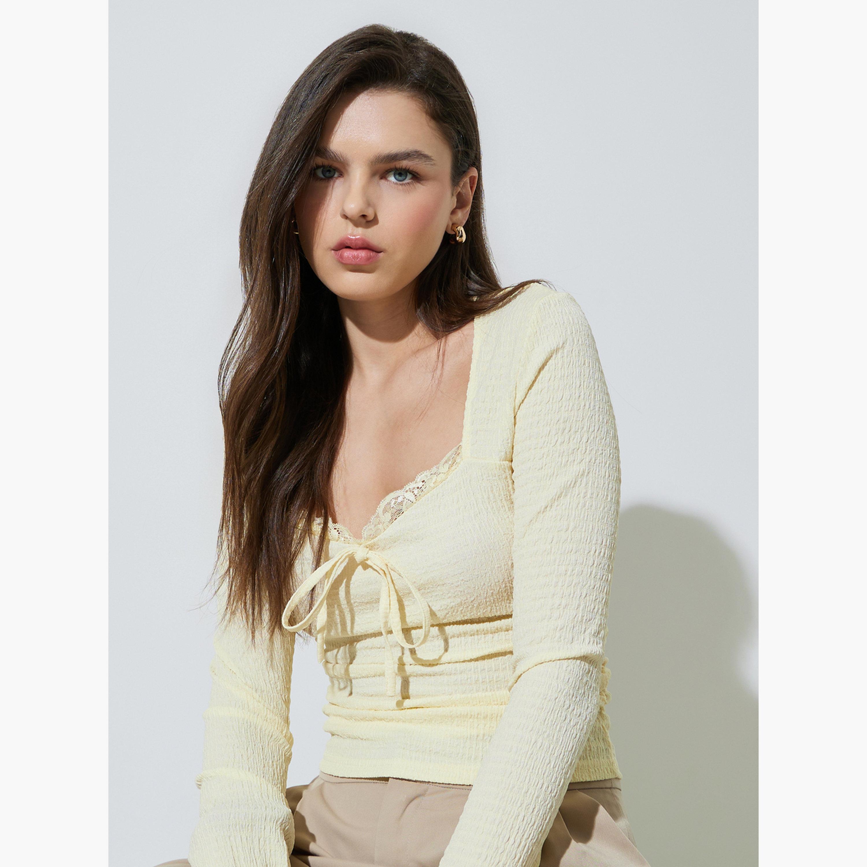 Take Two Yellow Long Sleeve Shirred Tie-Front Top-women-clothing-shirtsandblouses-blouses-image-4