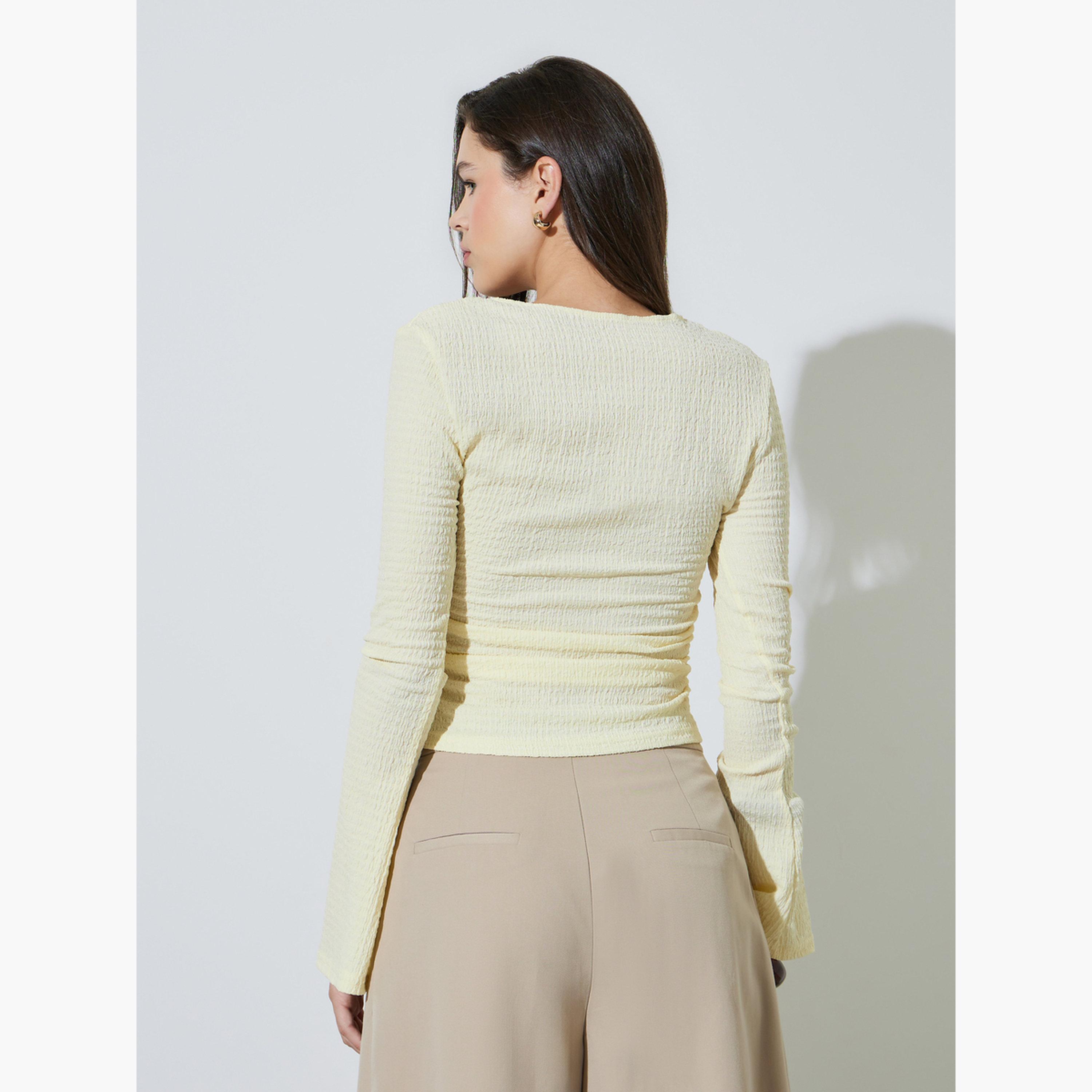 Take Two Yellow Long Sleeve Shirred Tie-Front Top-women-clothing-shirtsandblouses-blouses-image-5