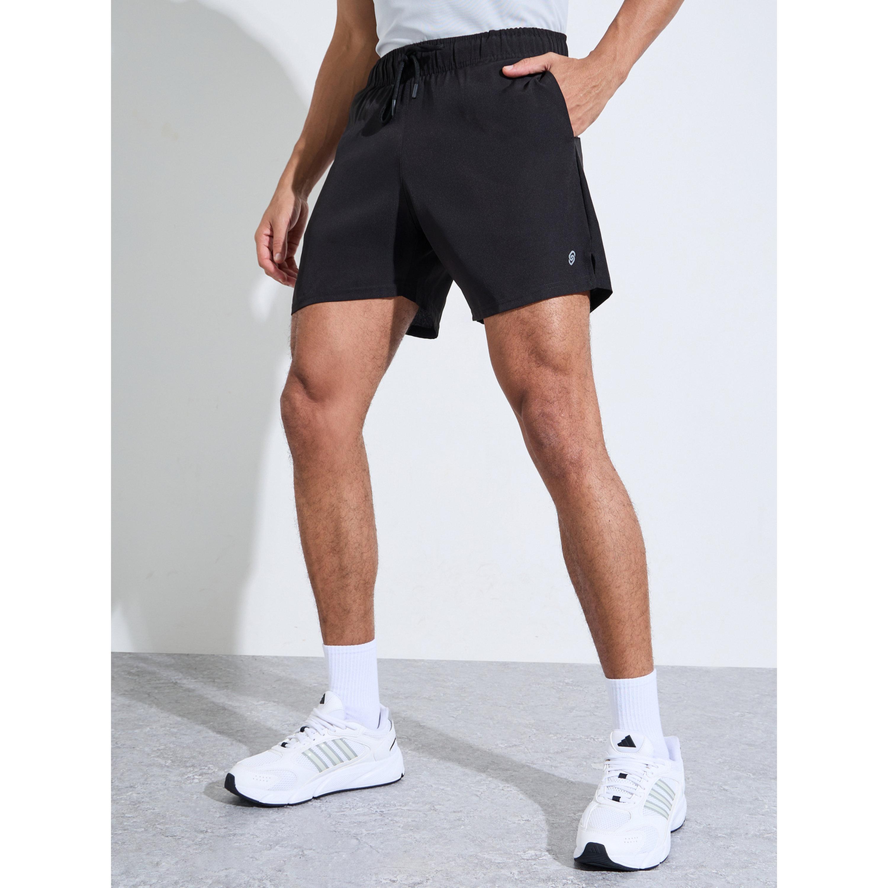 Styli Black Solid Side Slit Regular Fit Running Shorts-men-clothing-sportswearandactivewear-bottoms-image-1