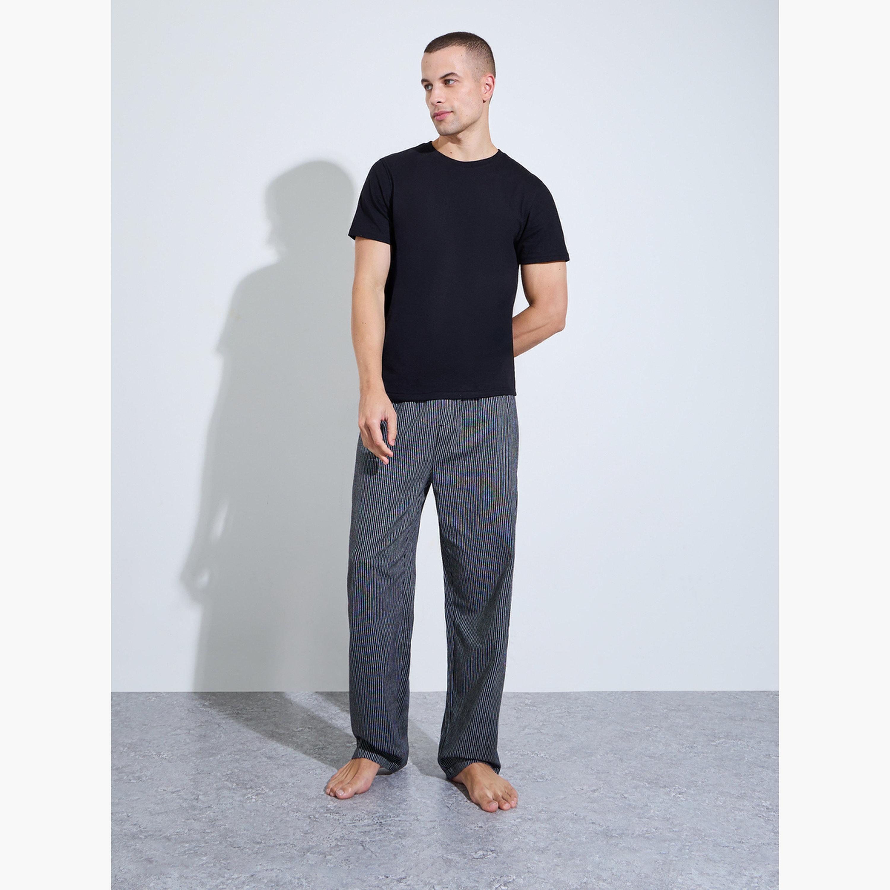 Styli Men Black Solid Crew Neck T-Shirt and Striped Pants Pajama Set-men-clothing-nightwear-sets-image-1