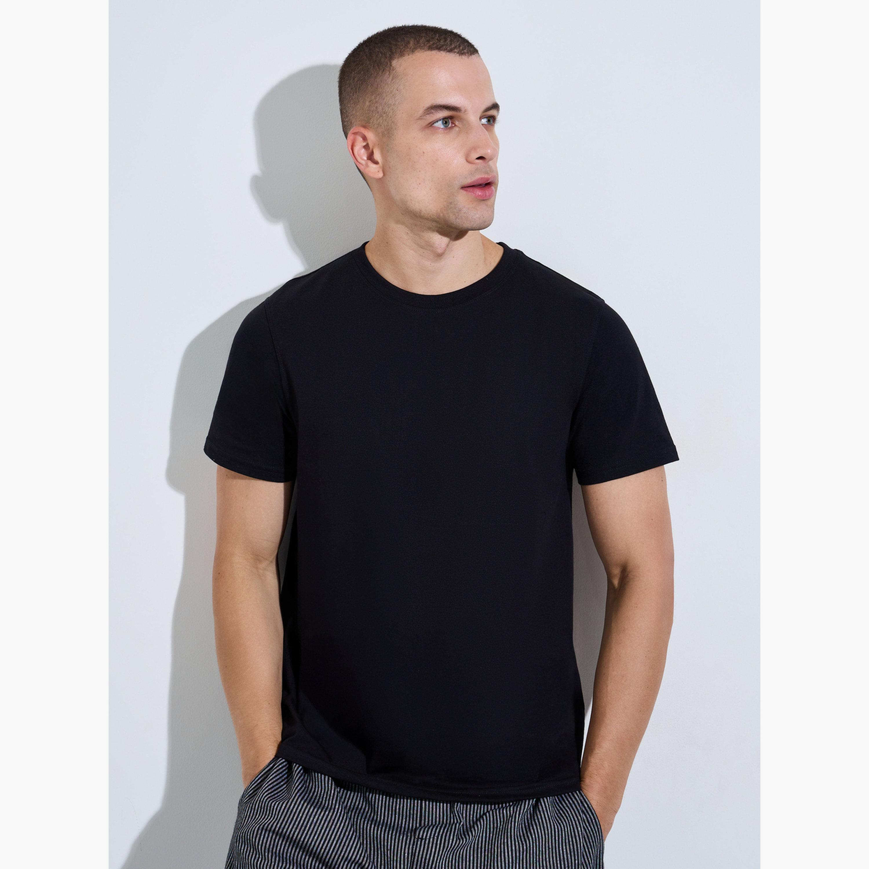 Styli Men Black Solid Crew Neck T-Shirt and Striped Pants Pajama Set-men-clothing-nightwear-sets-image-2