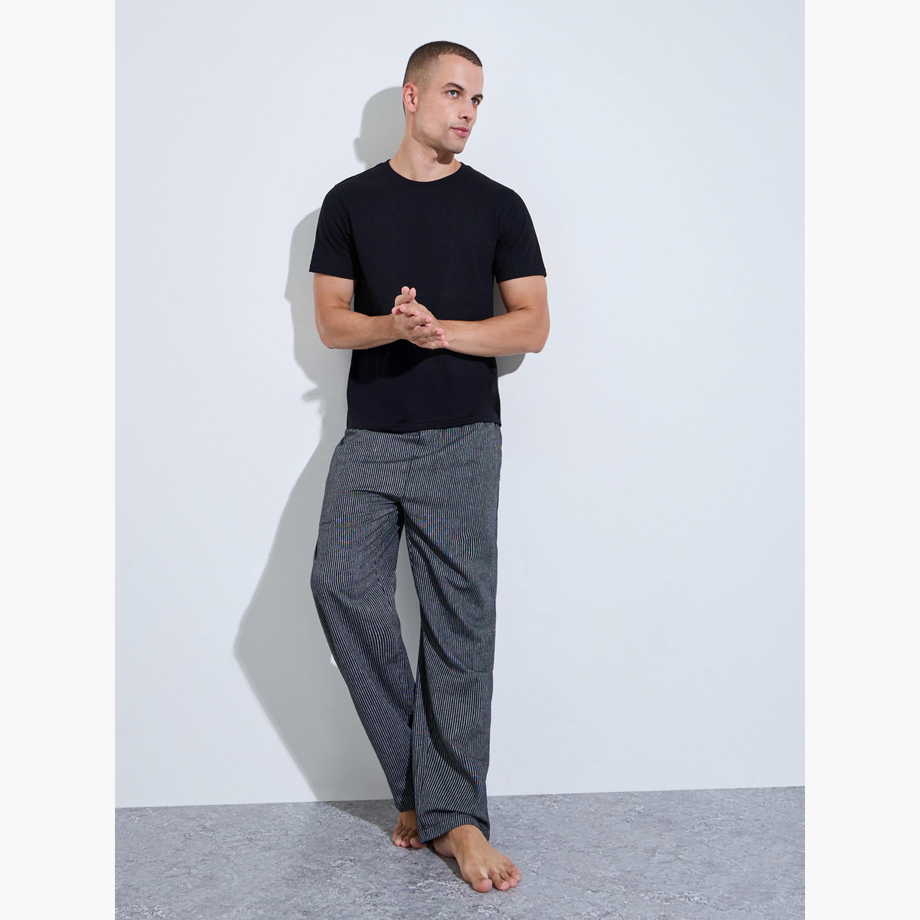 Styli Men Black Solid Crew Neck T-Shirt and Striped Pants Pajama Set-men-clothing-nightwear-sets-image-3
