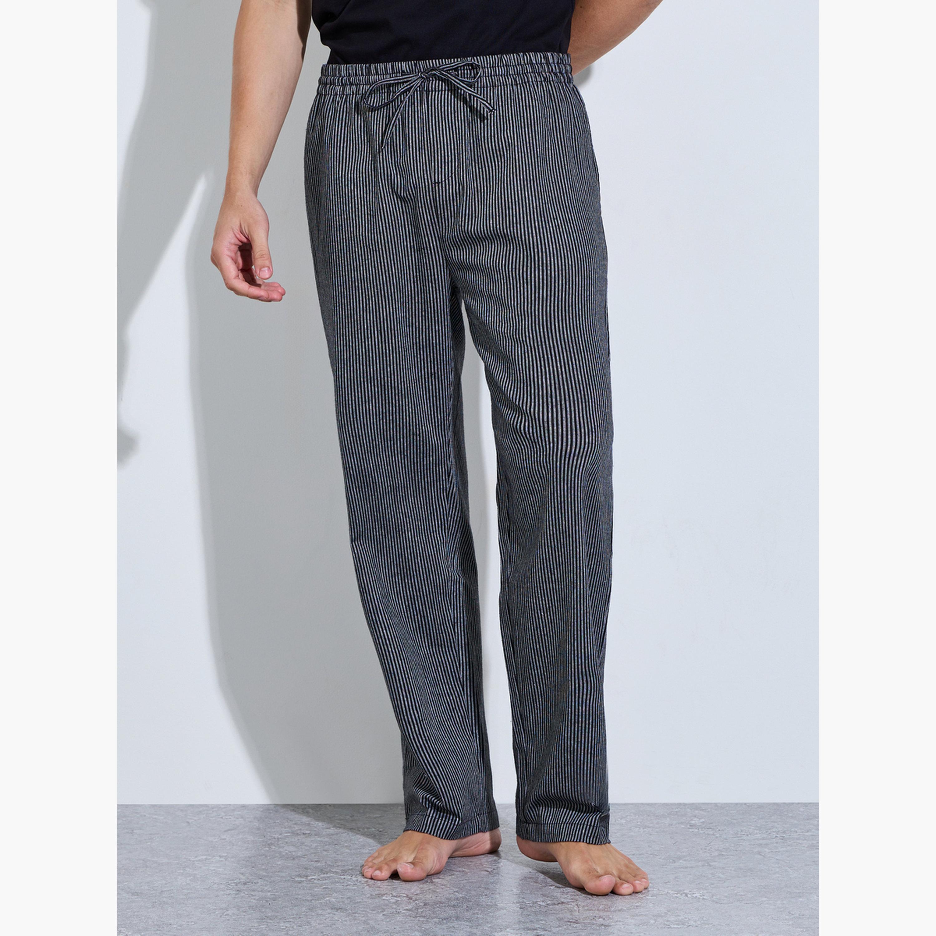 Styli Men Black Solid Crew Neck T-Shirt and Striped Pants Pajama Set-men-clothing-nightwear-sets-image-4