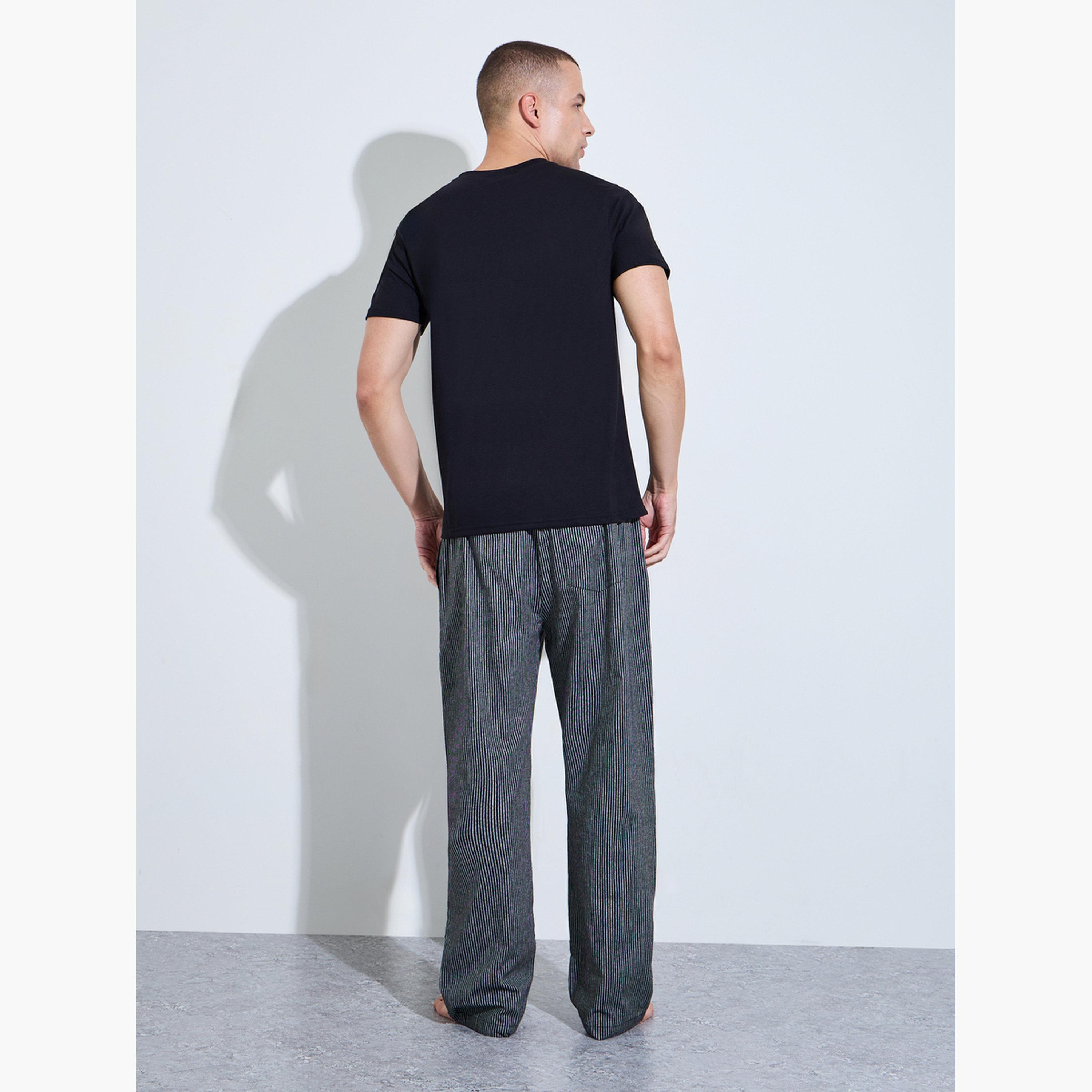 Styli Men Black Solid Crew Neck T-Shirt and Striped Pants Pajama Set-men-clothing-nightwear-sets-image-5