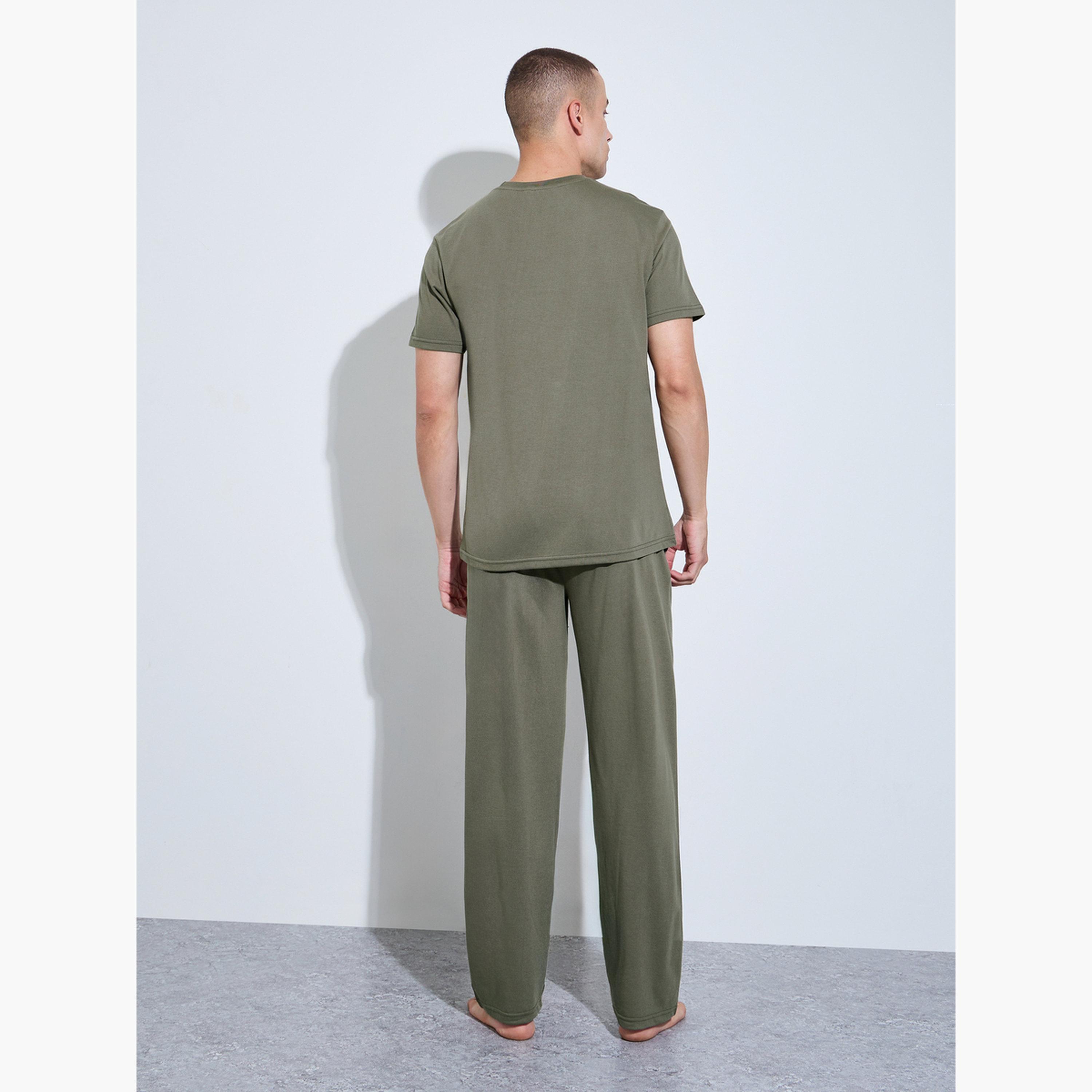 Styli Men Olive Graphic Print Relaxed Fit Pyjama Set-men-clothing-nightwear-sets-image-4