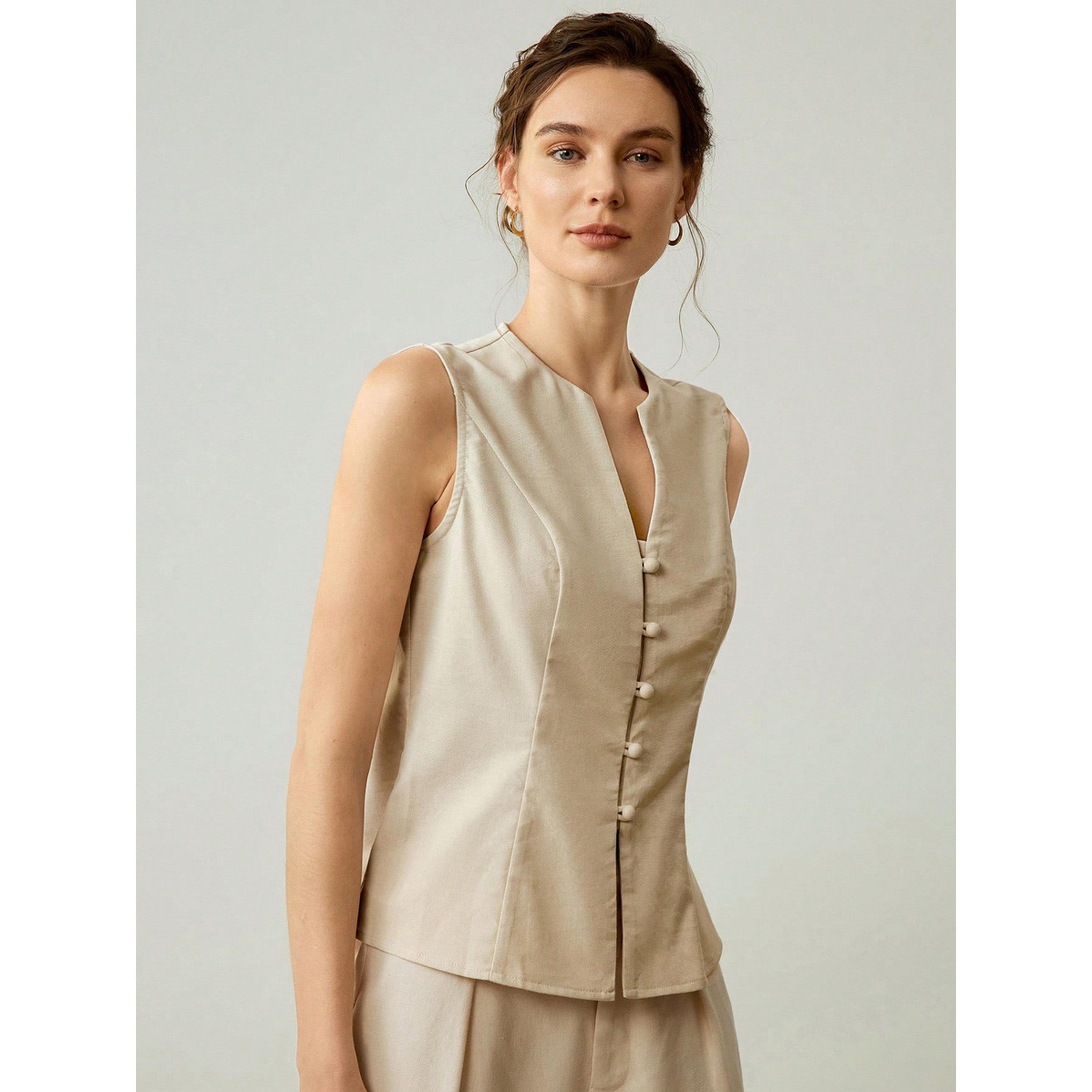 بلوزة صدرية بلا أكمام بيج-women-clothing-shirtsandblouses-blouses-image-1