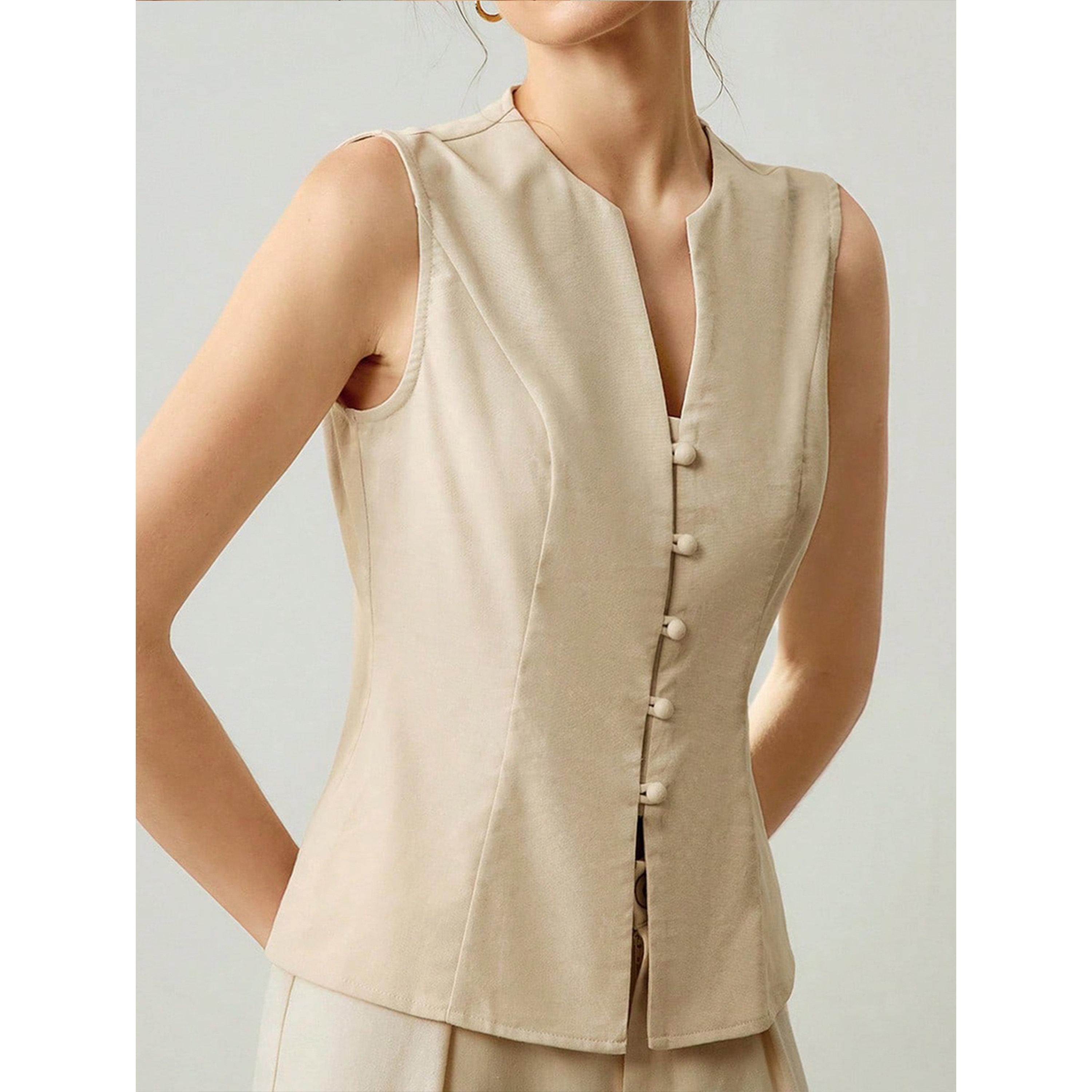 بلوزة صدرية بلا أكمام بيج-women-clothing-shirtsandblouses-blouses-image-5
