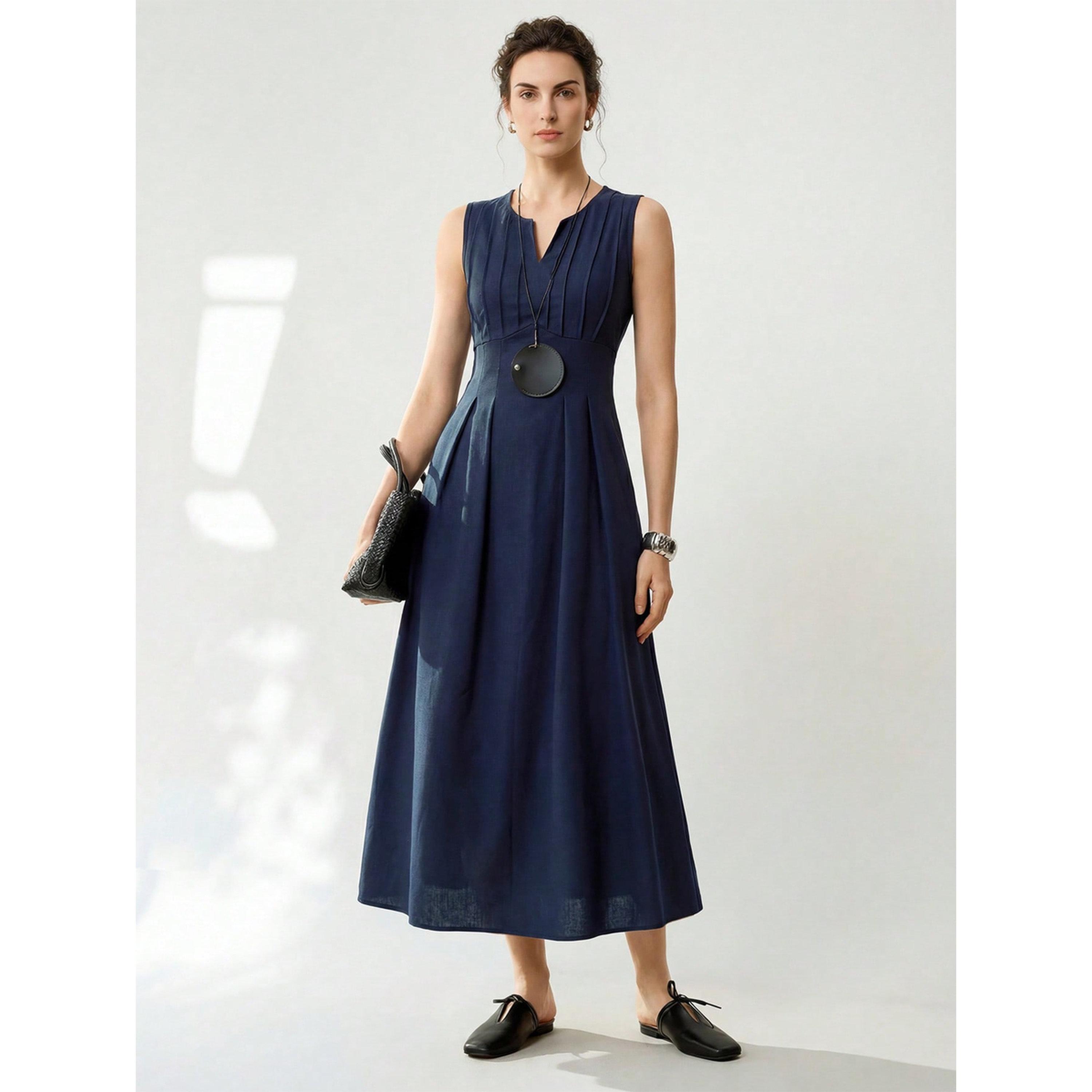 فستان ميدي كحلي سادة بلا أكمام بحافة واسعة-women-clothing-dresses-image-1