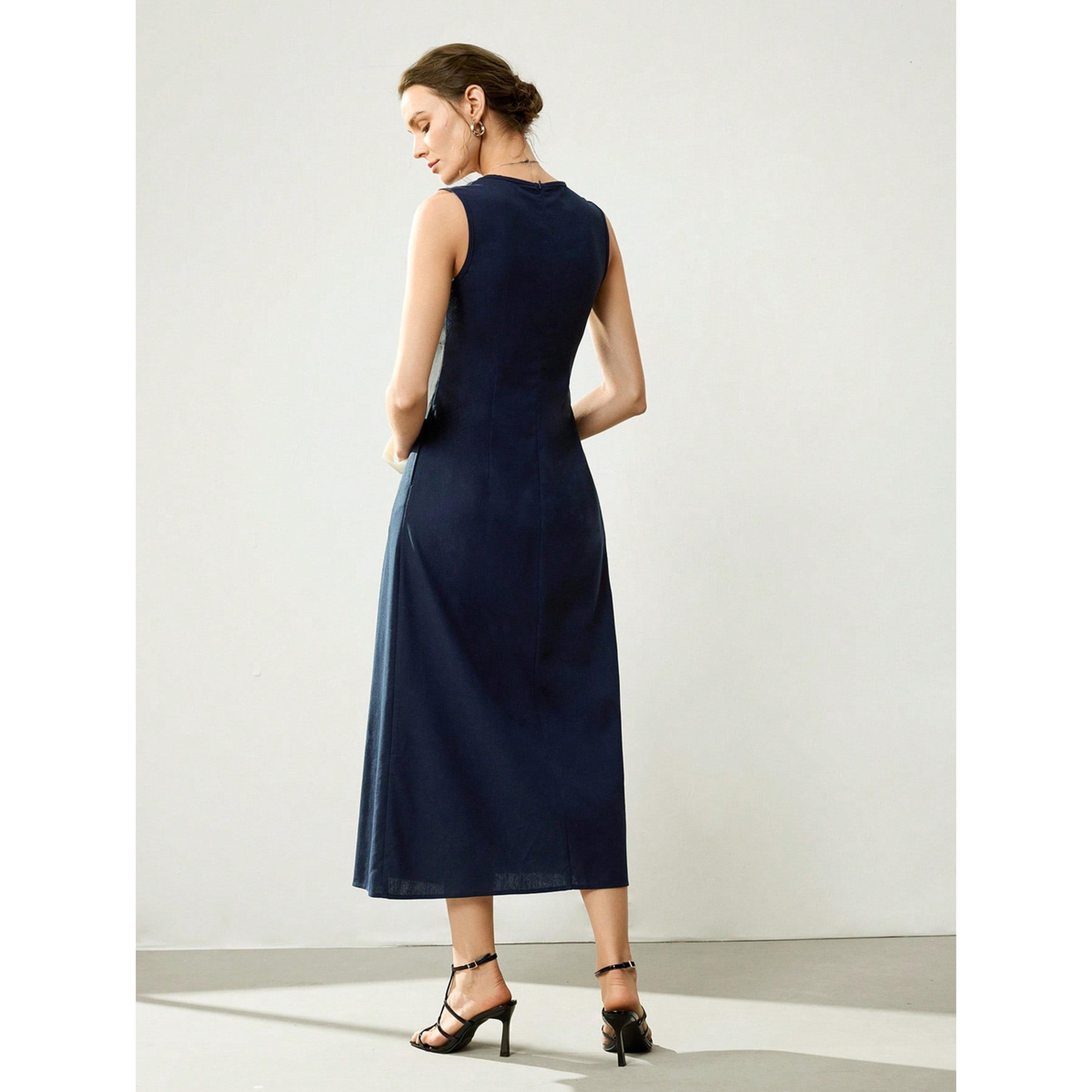 فستان ميدي كحلي سادة بلا أكمام بحافة واسعة-women-clothing-dresses-image-2