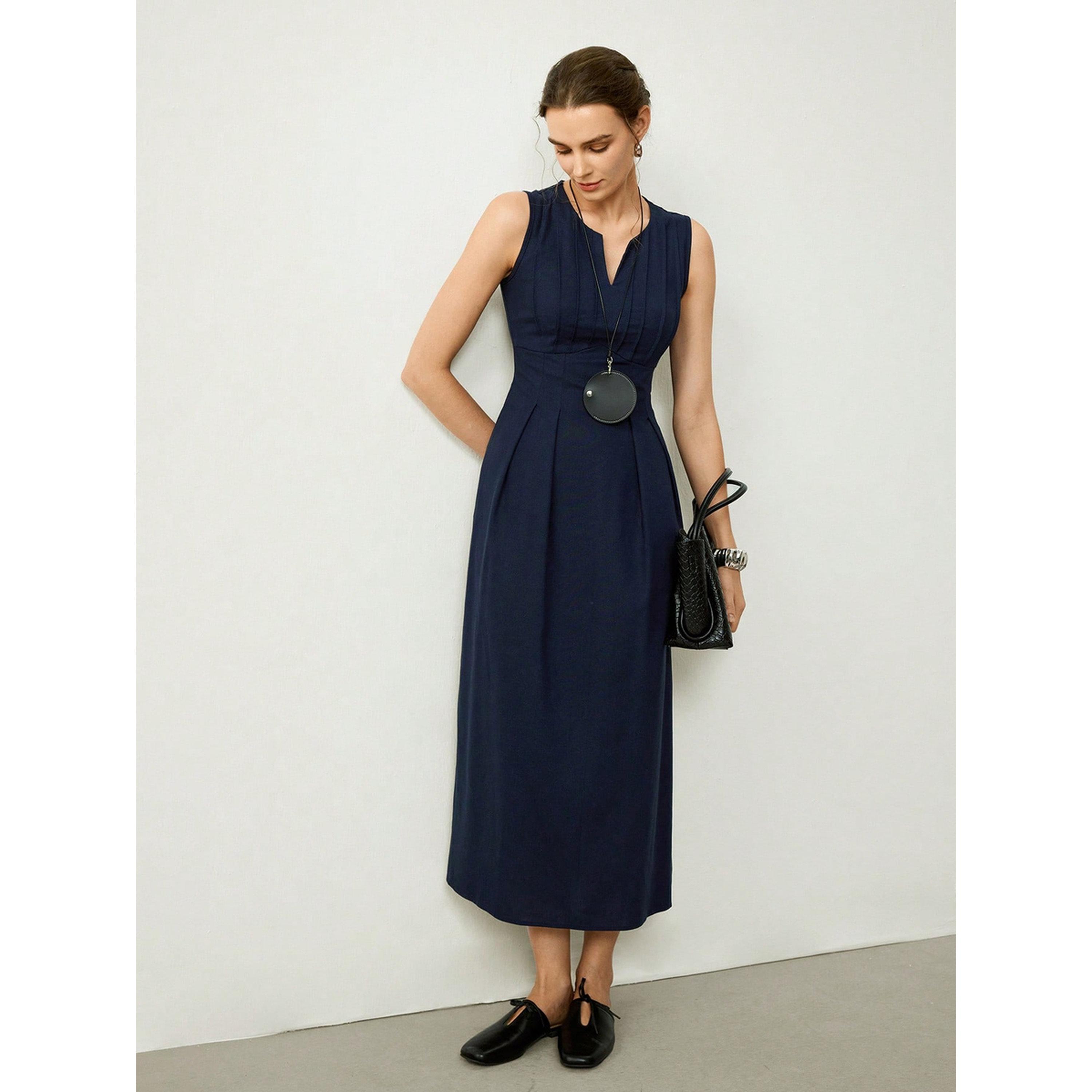 فستان ميدي كحلي سادة بلا أكمام بحافة واسعة-women-clothing-dresses-image-3